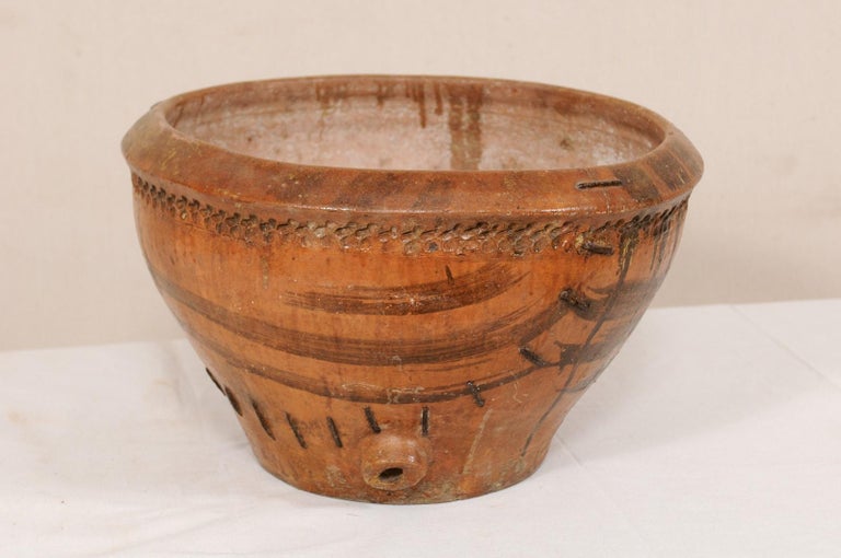 19th Century Spanish Glazed Clay Pot with Lovely Old Mend For Sale at