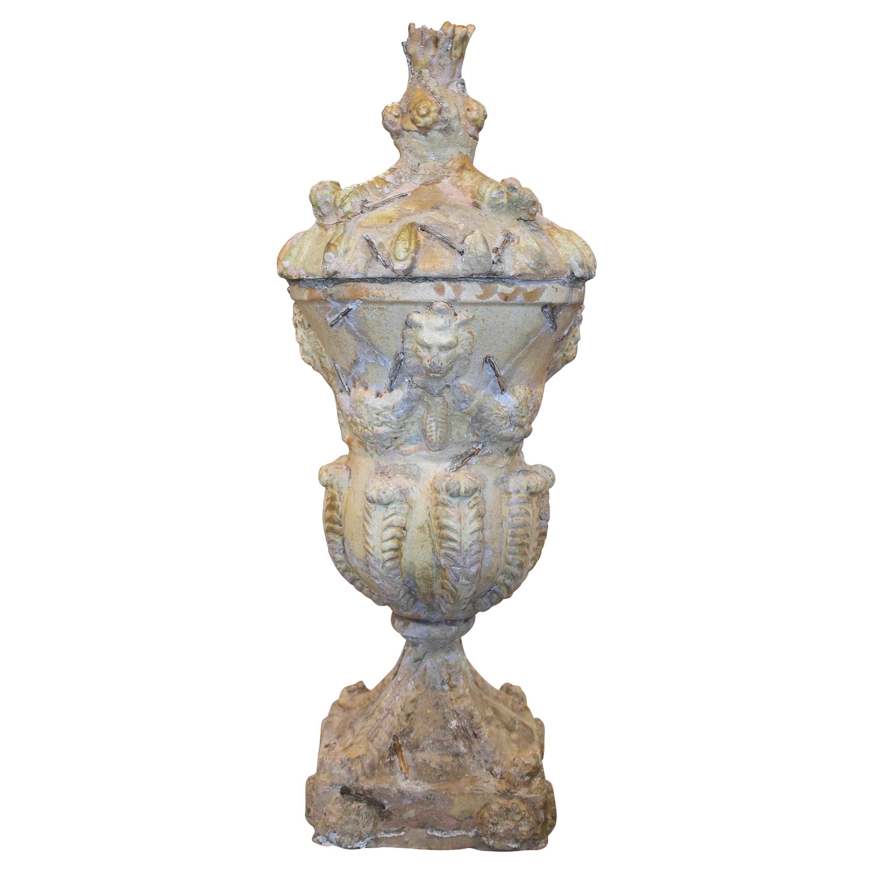 19th Century Spanish Glazed Terracotta Finial w/ Iron Staples Restoration For Sale