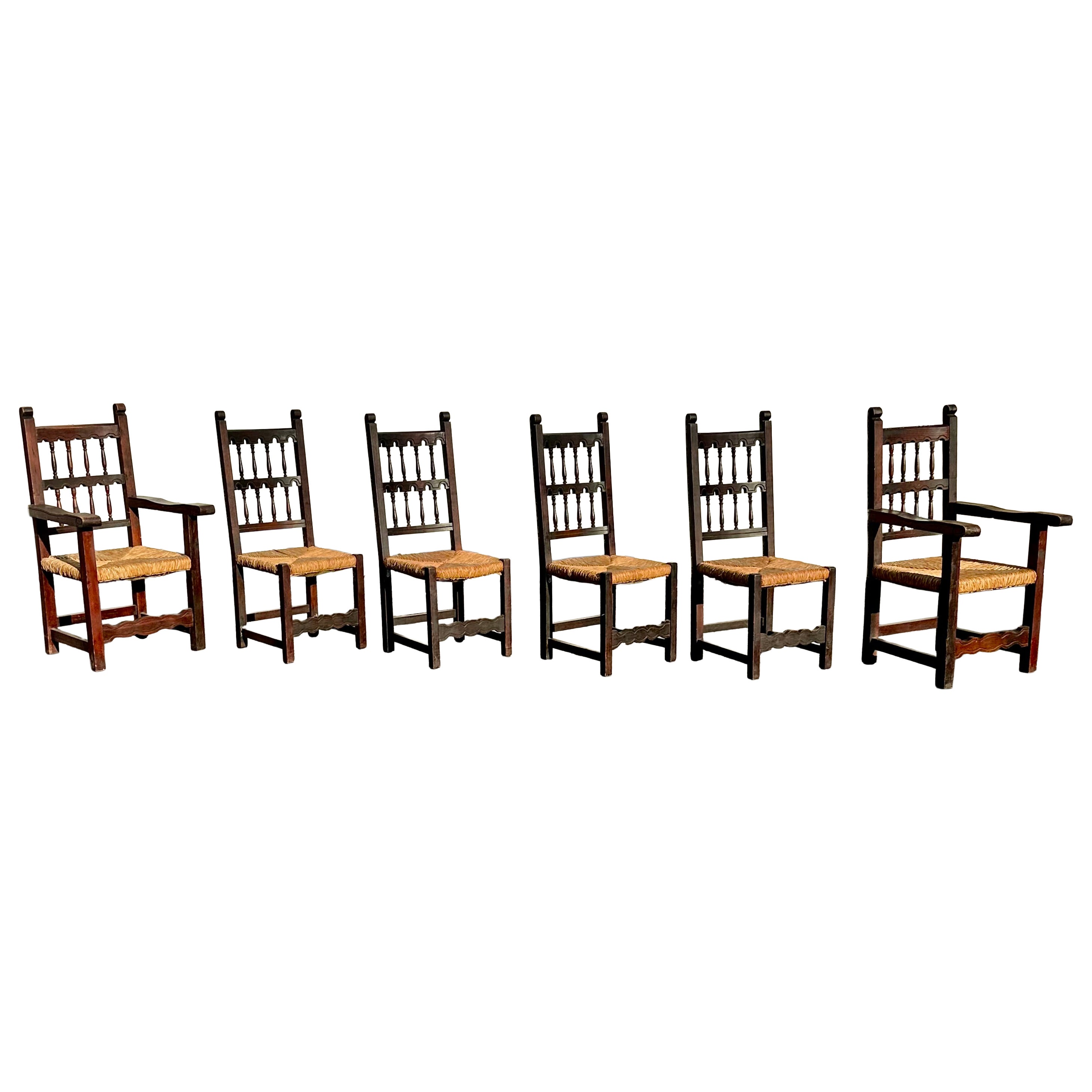19th Century Spanish Gothic Cathedral Rush Ladder Back Dining Chairs