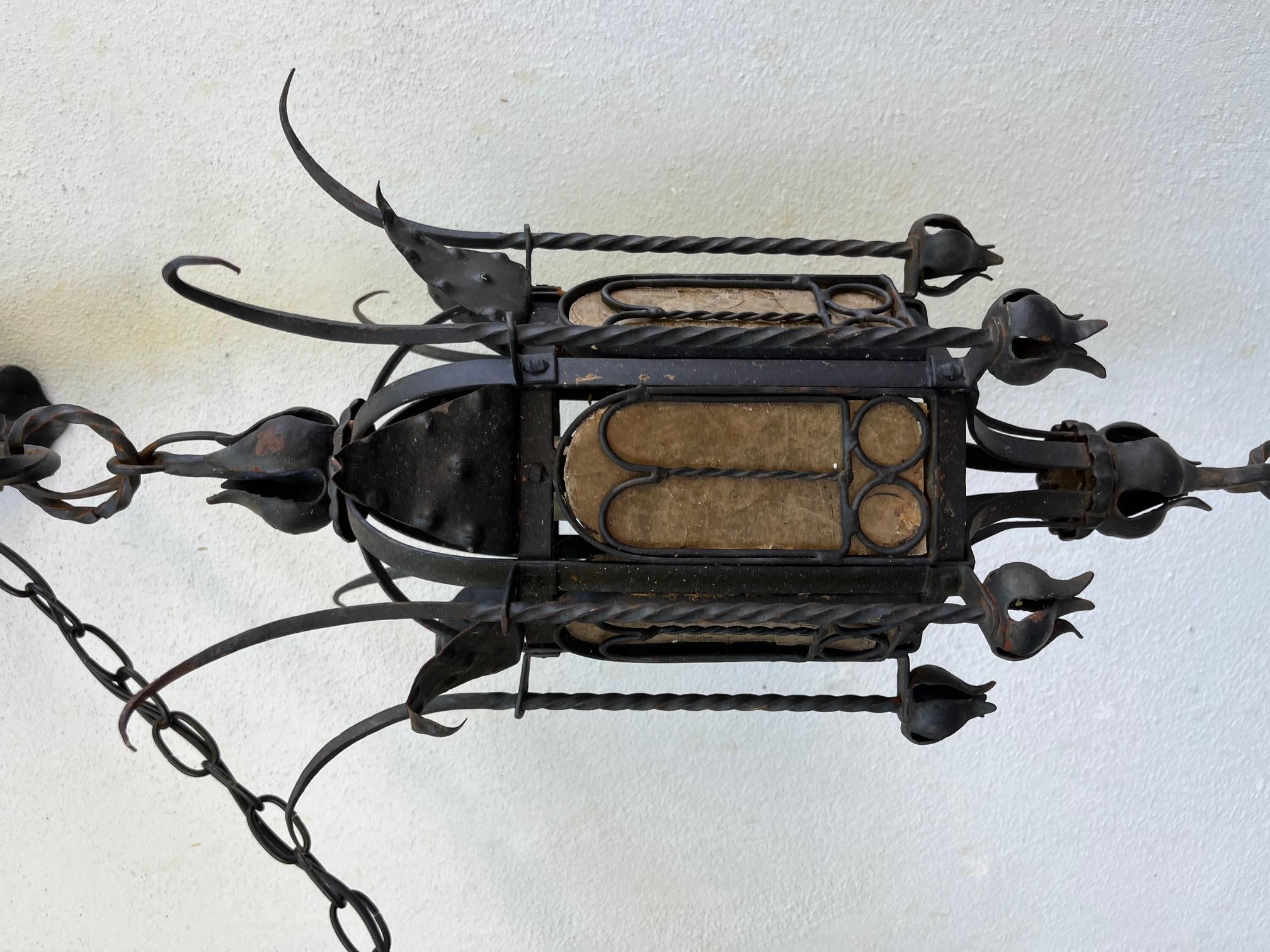 Forged 19th Century Spanish Gothic Style Wrought Iron Portico Lantern. For Sale