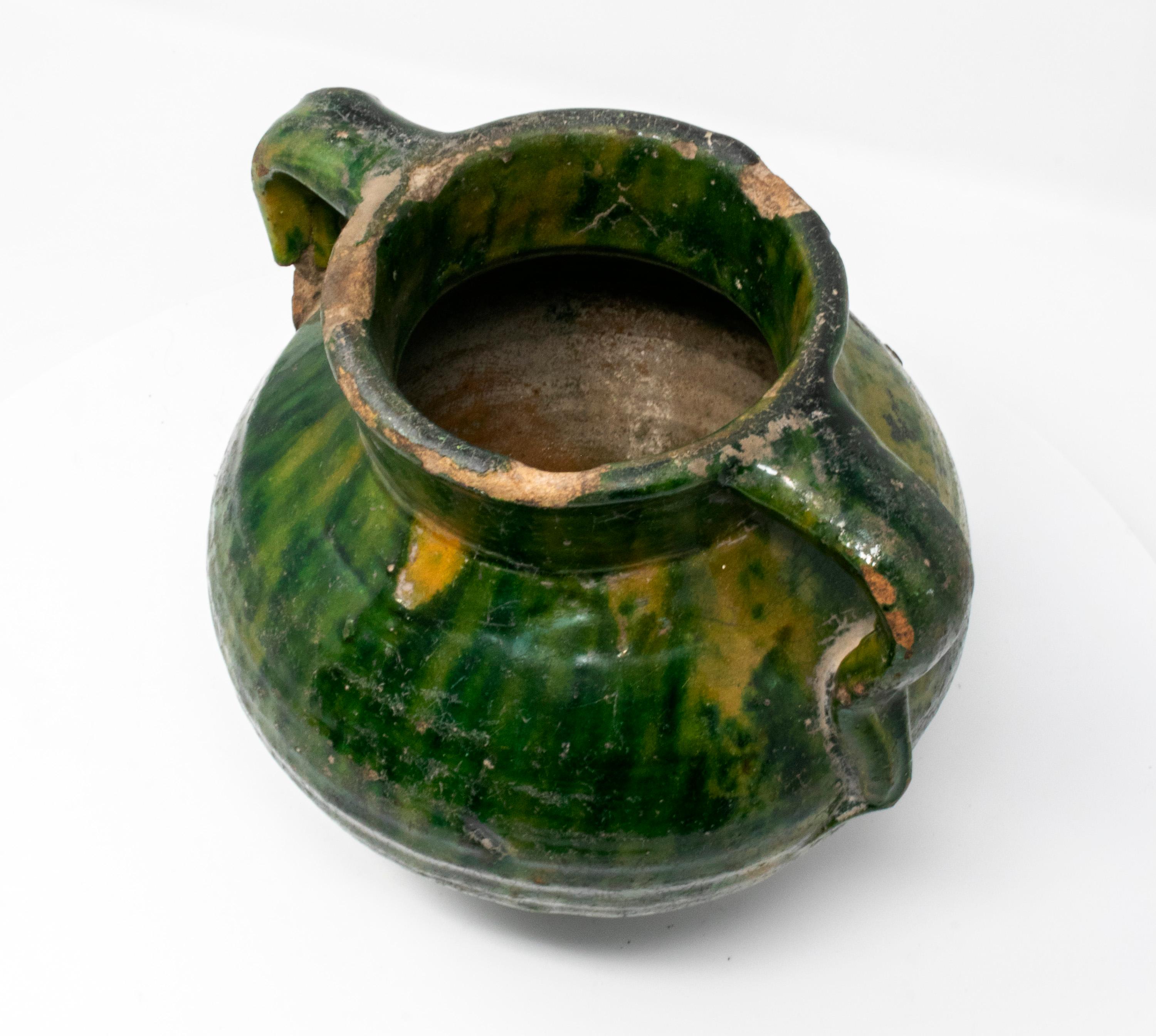 European 19th Century Spanish Green Glazed Ceramic Vase with Handles