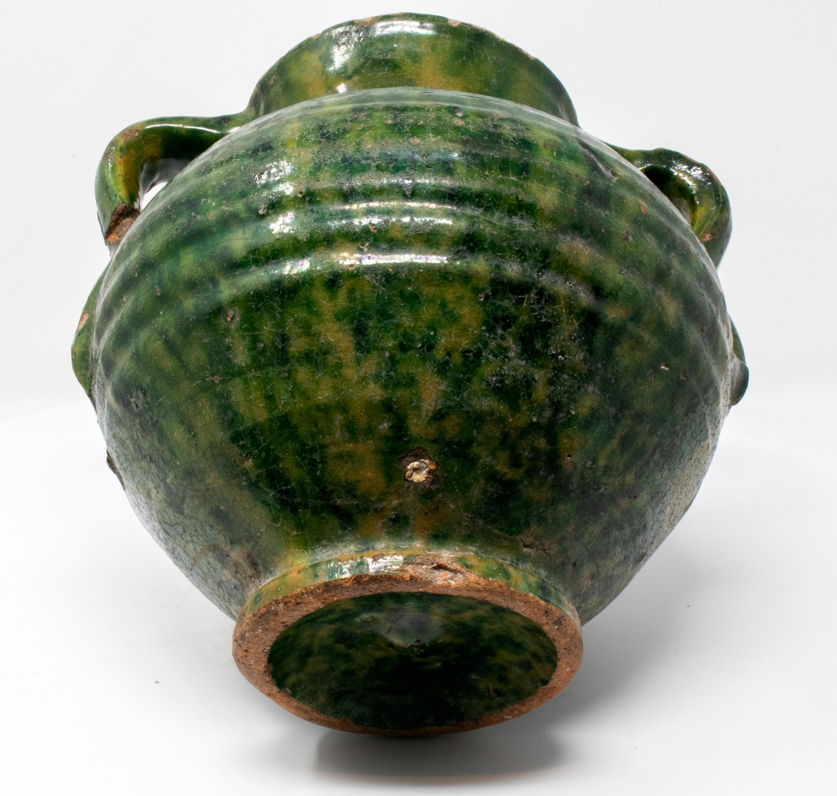 19th Century Spanish Green Glazed Ceramic Vase with Handles 1