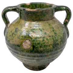 19th Century Spanish Green Glazed Ceramic Vase with Handles