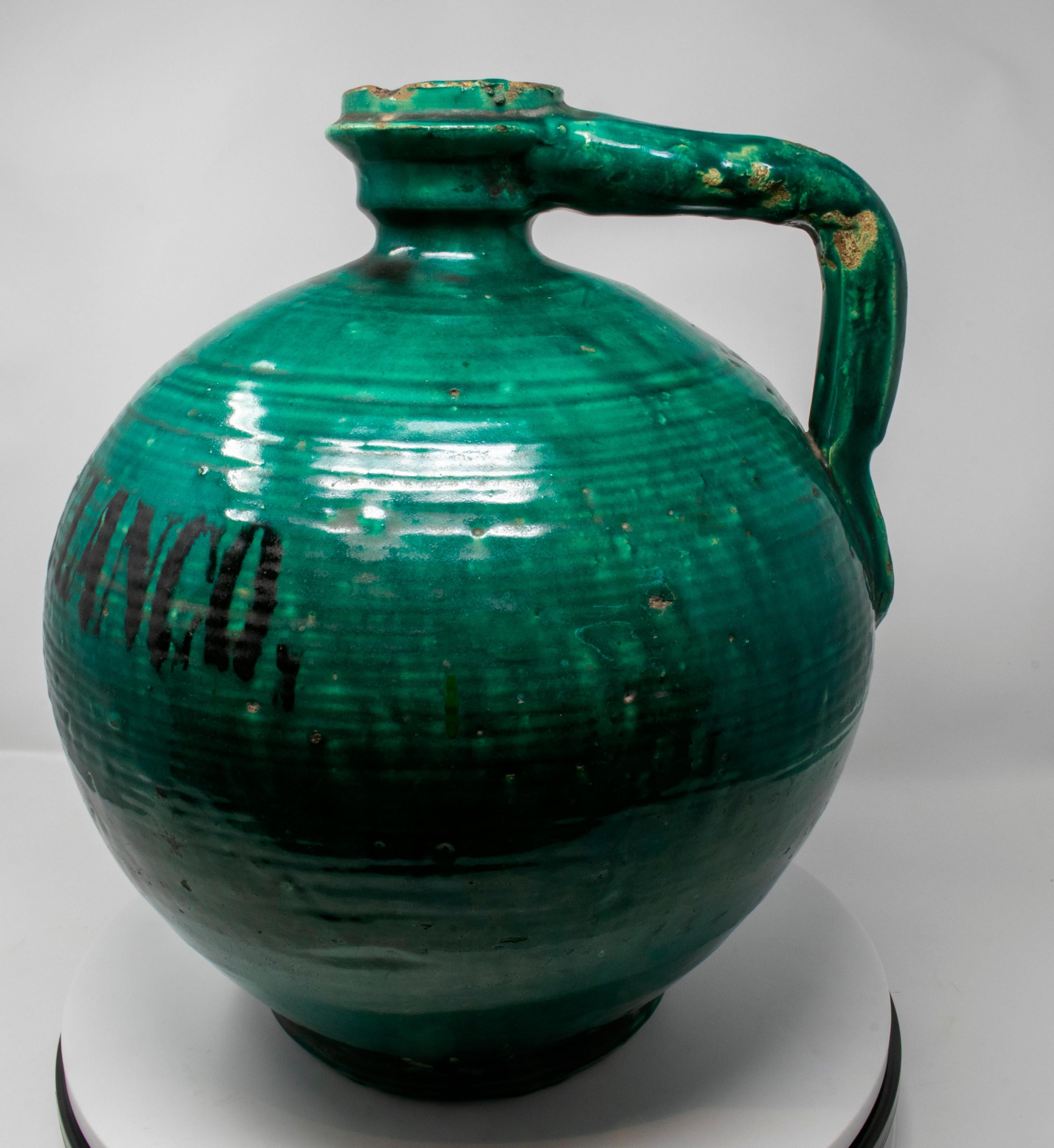 European 19th Century Spanish Green Glazed Closed Vase Reading 