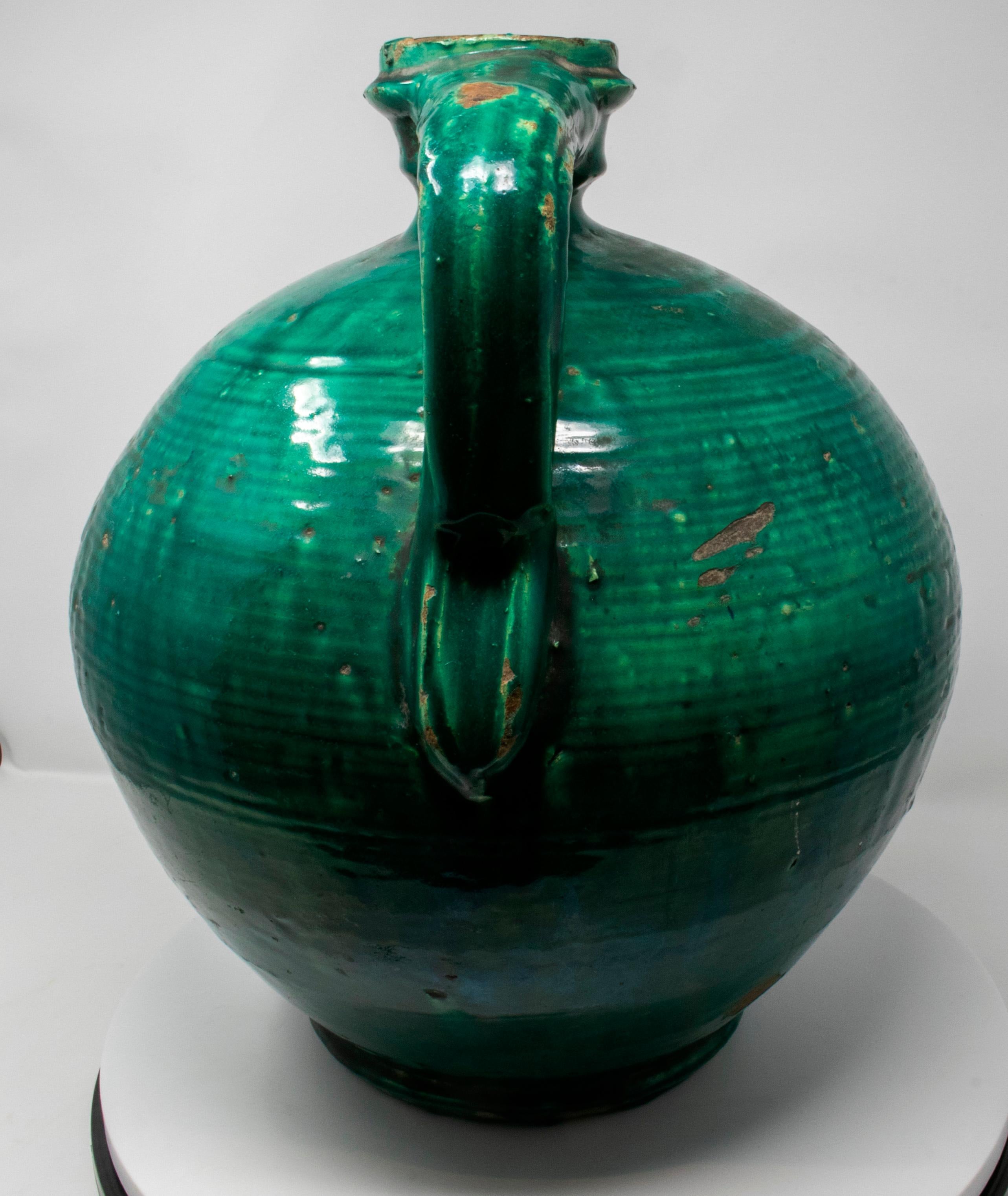 Ceramic 19th Century Spanish Green Glazed Closed Vase Reading 