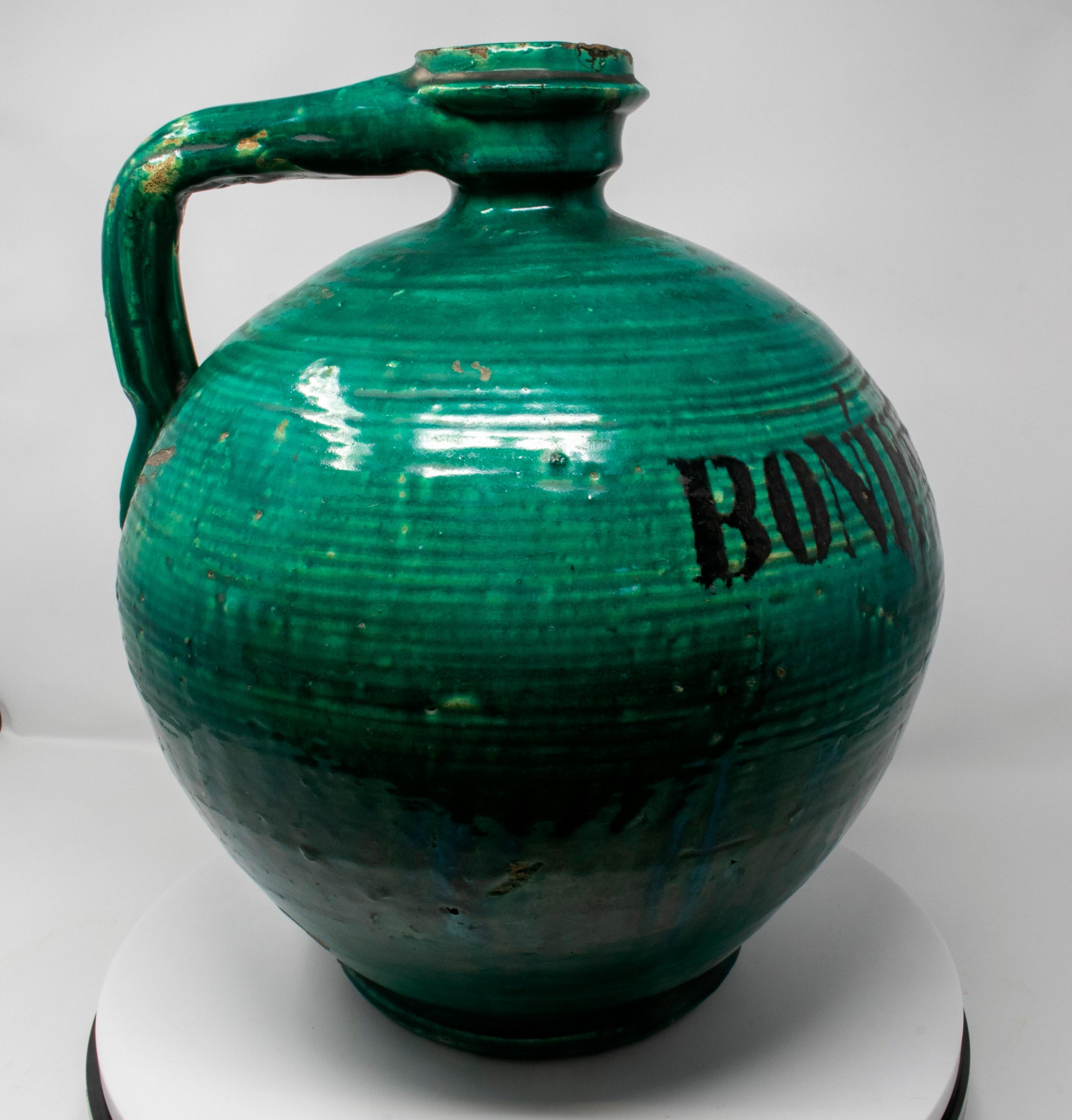 19th Century Spanish Green Glazed Closed Vase Reading 