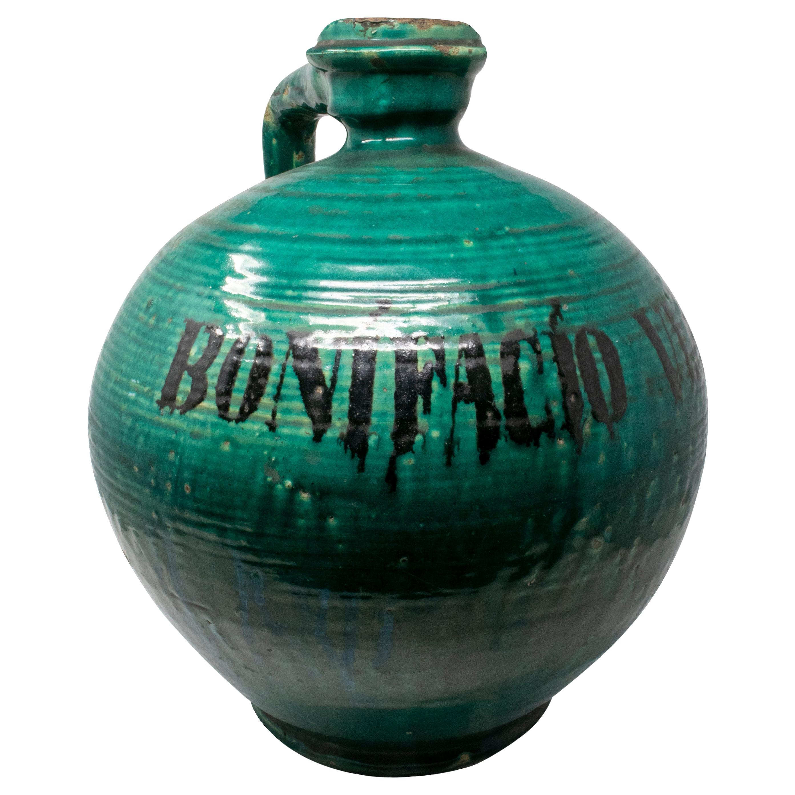 19th Century Spanish Green Glazed Closed Vase Reading "Bonifacio Vlanco"