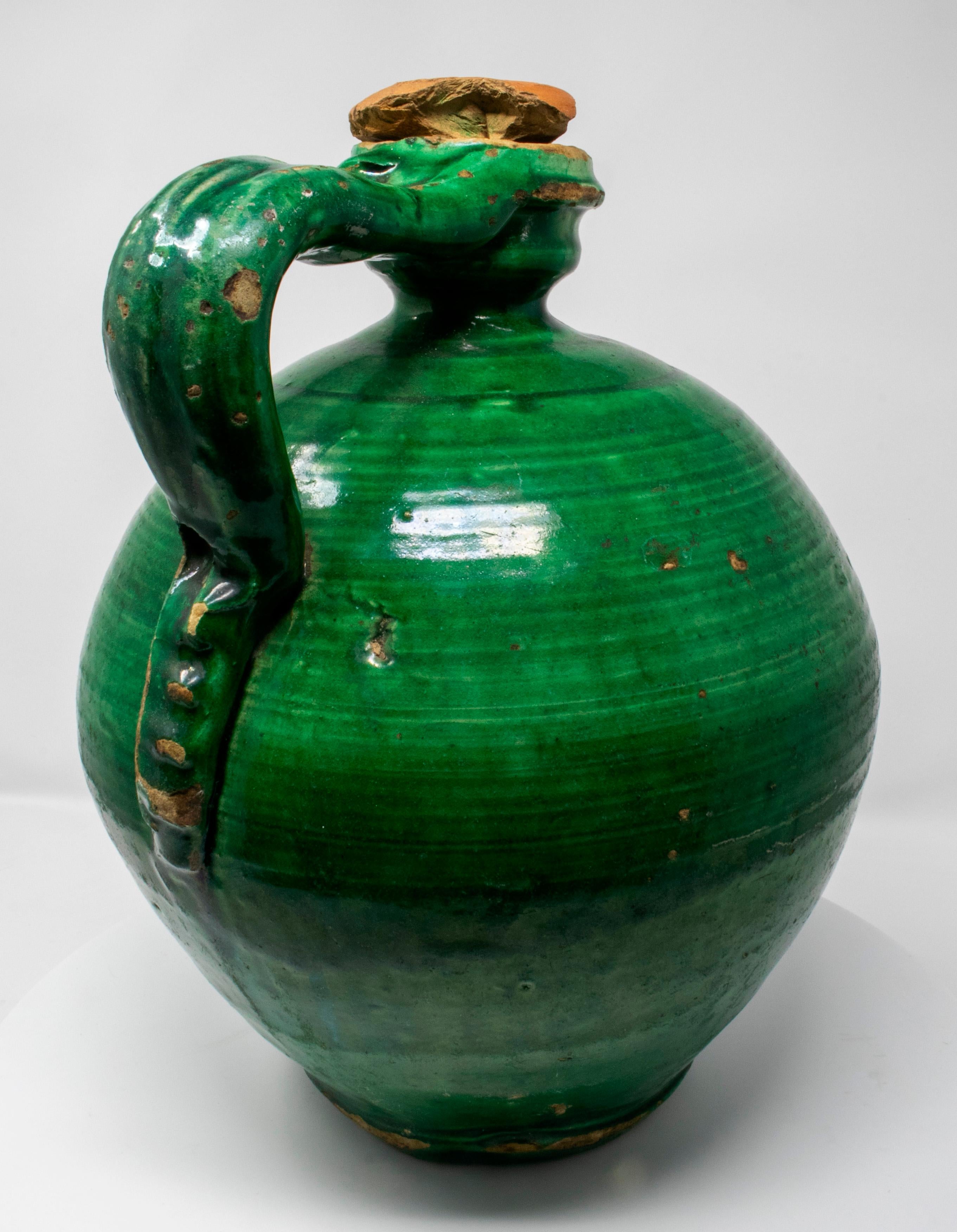 18th Century and Earlier 19th Century Spanish Green Glazed Closed Vase with Original Lid