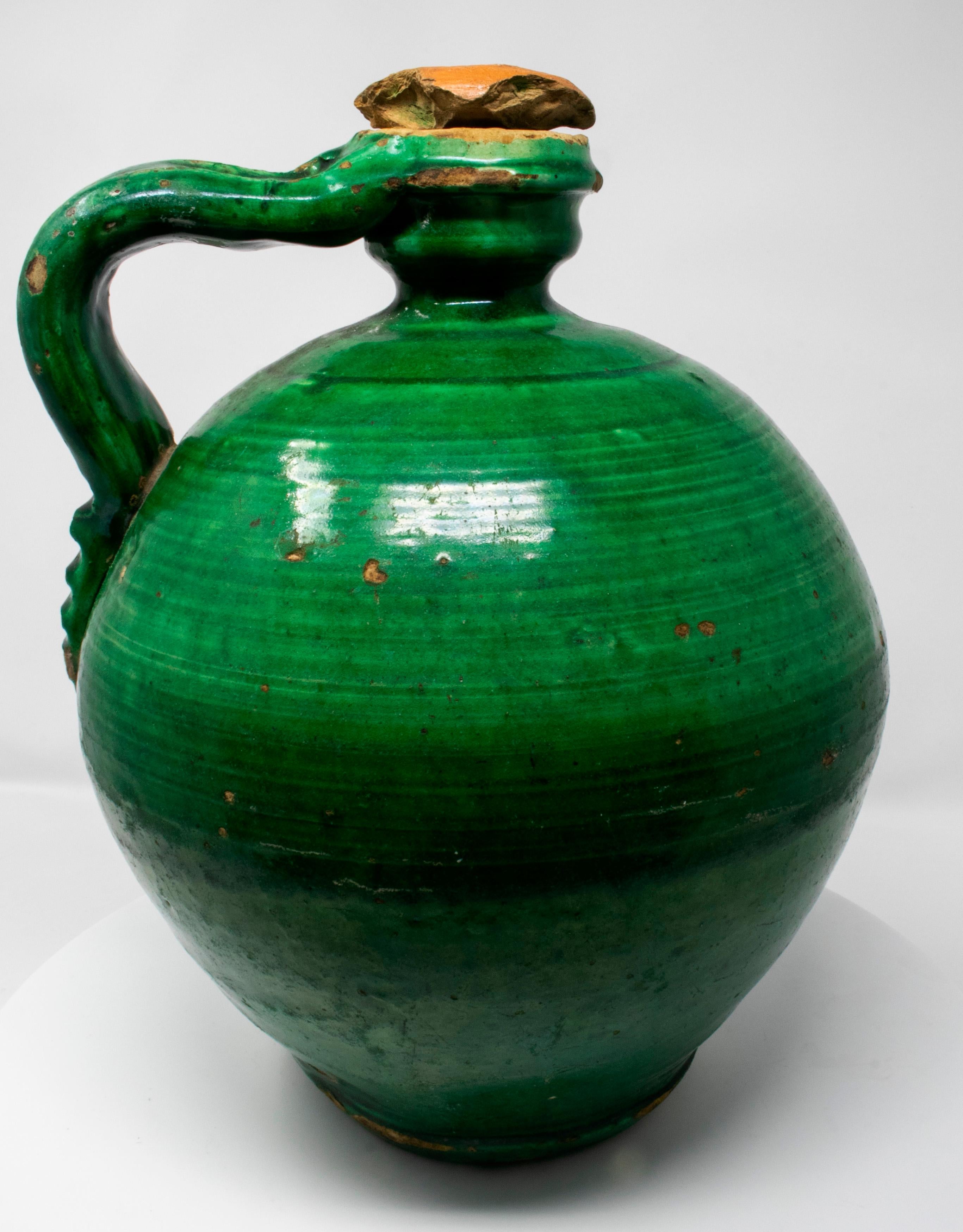 Ceramic 19th Century Spanish Green Glazed Closed Vase with Original Lid