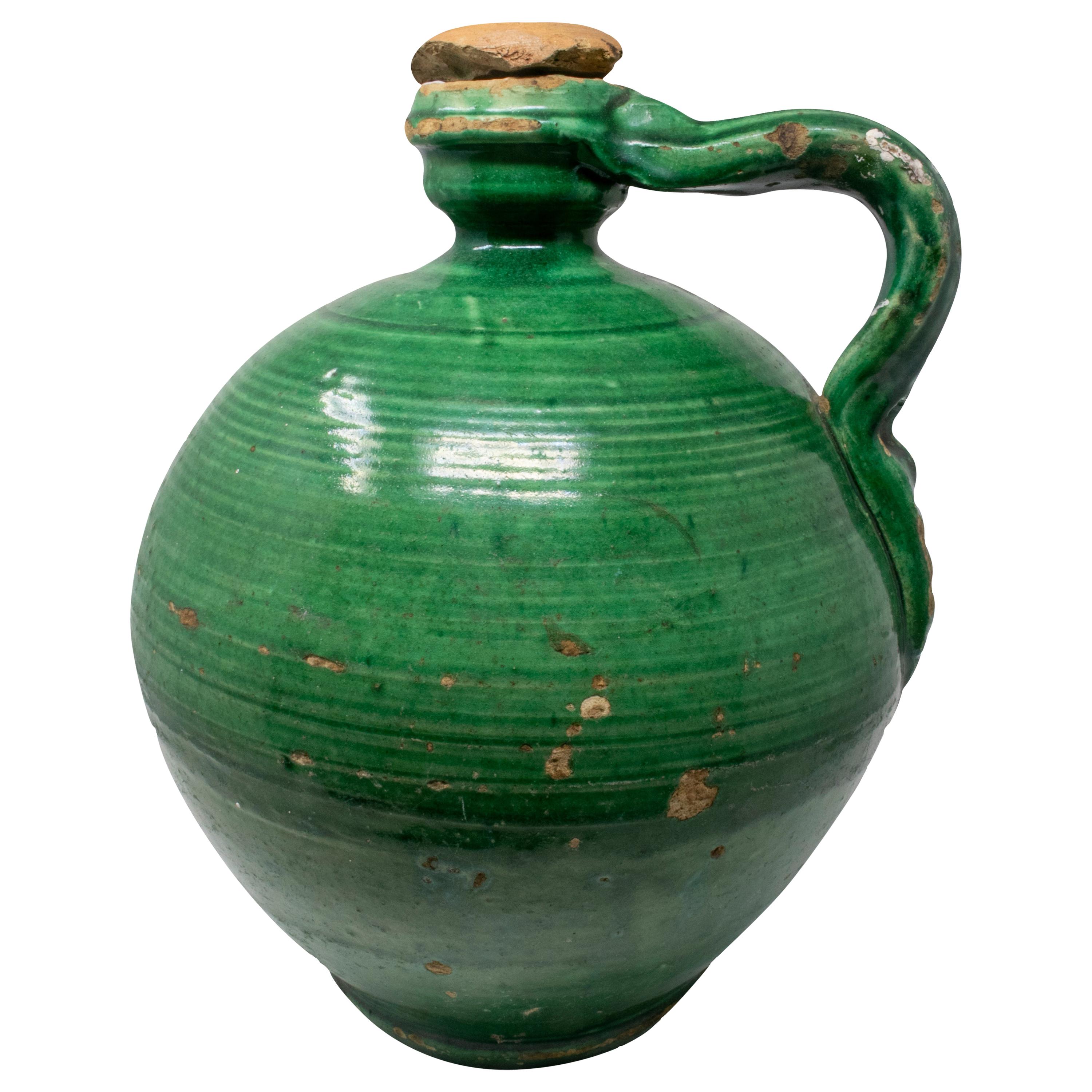 19th Century Spanish Green Glazed Closed Vase with Original Lid