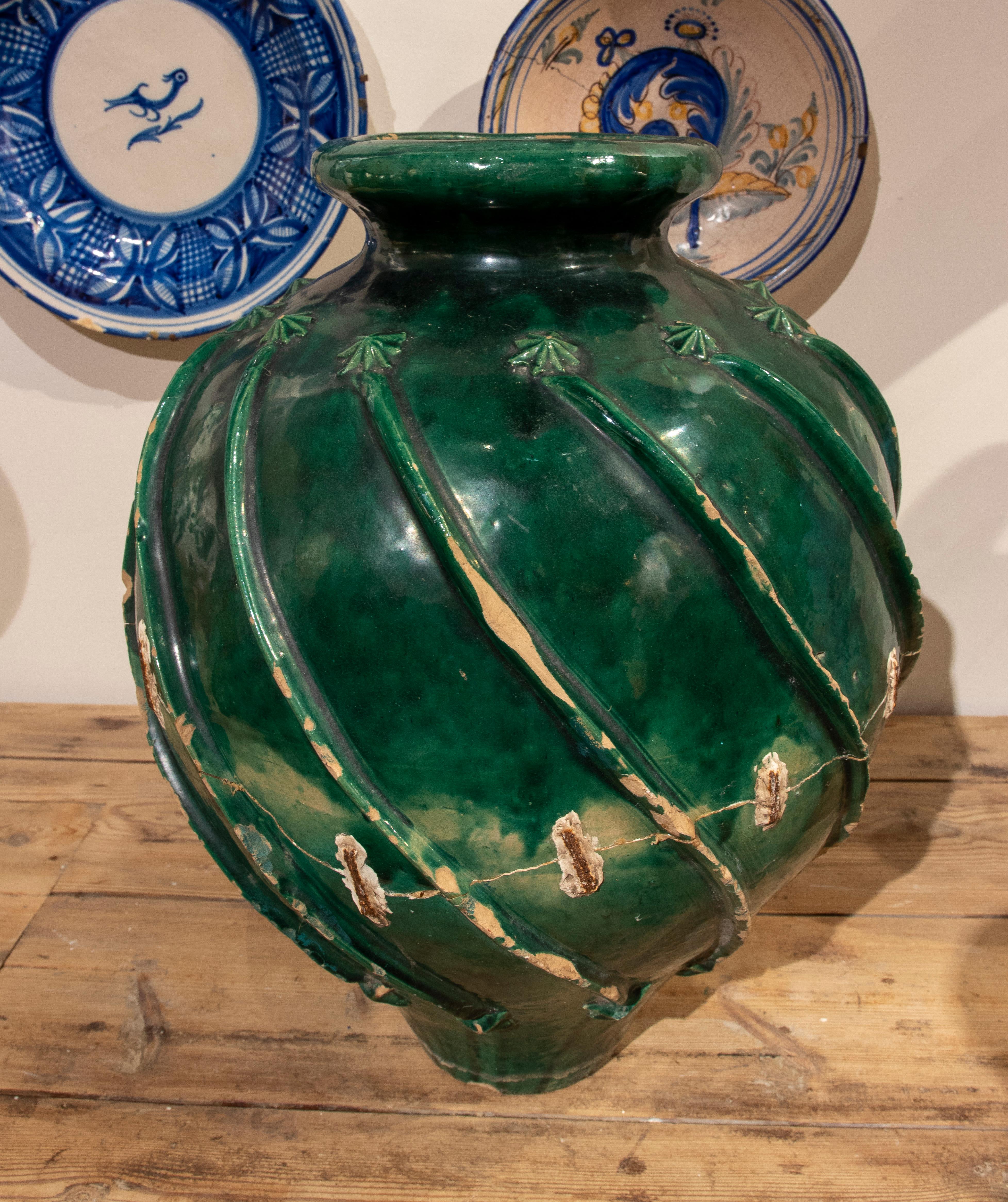 19th Century Spanish green glazed earthenware jar