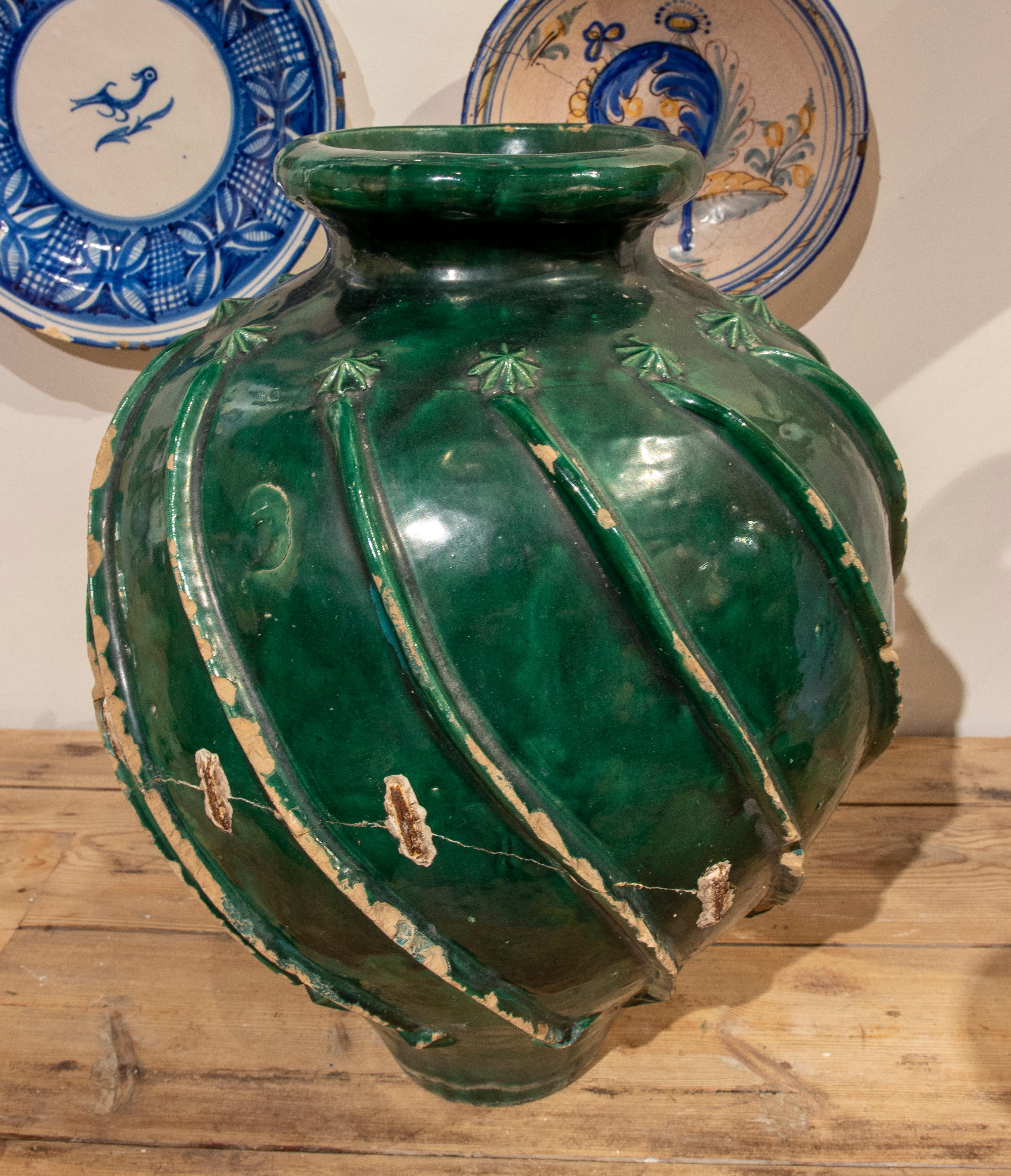 Ceramic 19th Century Spanish Green Glazed Earthenware Jar For Sale