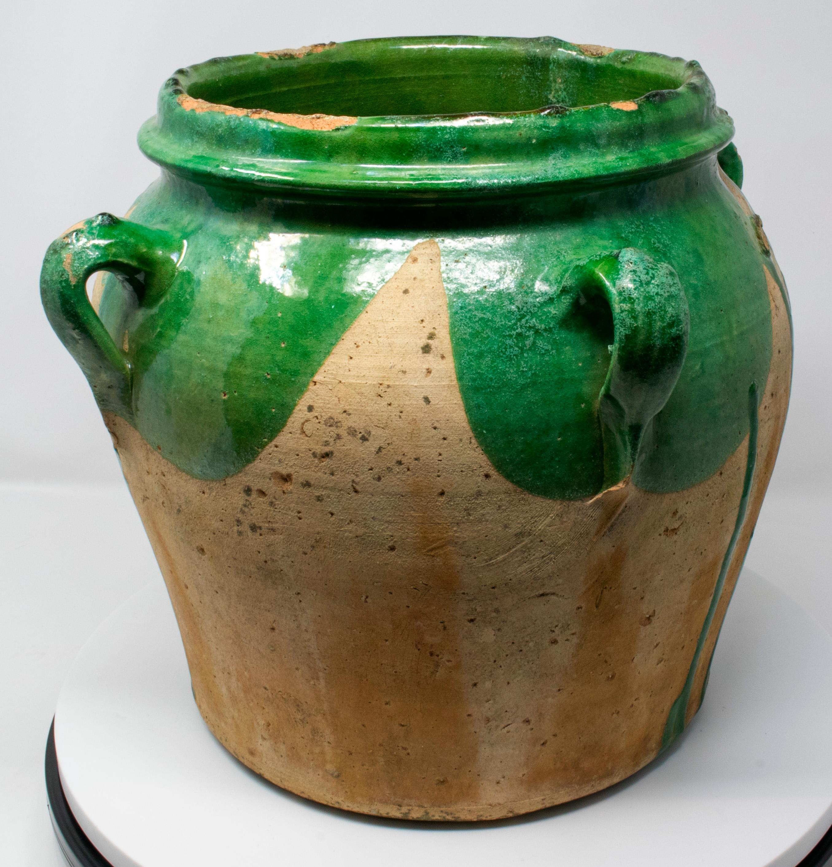 European 19th Century Spanish Green Glazed Vase with Four Handles