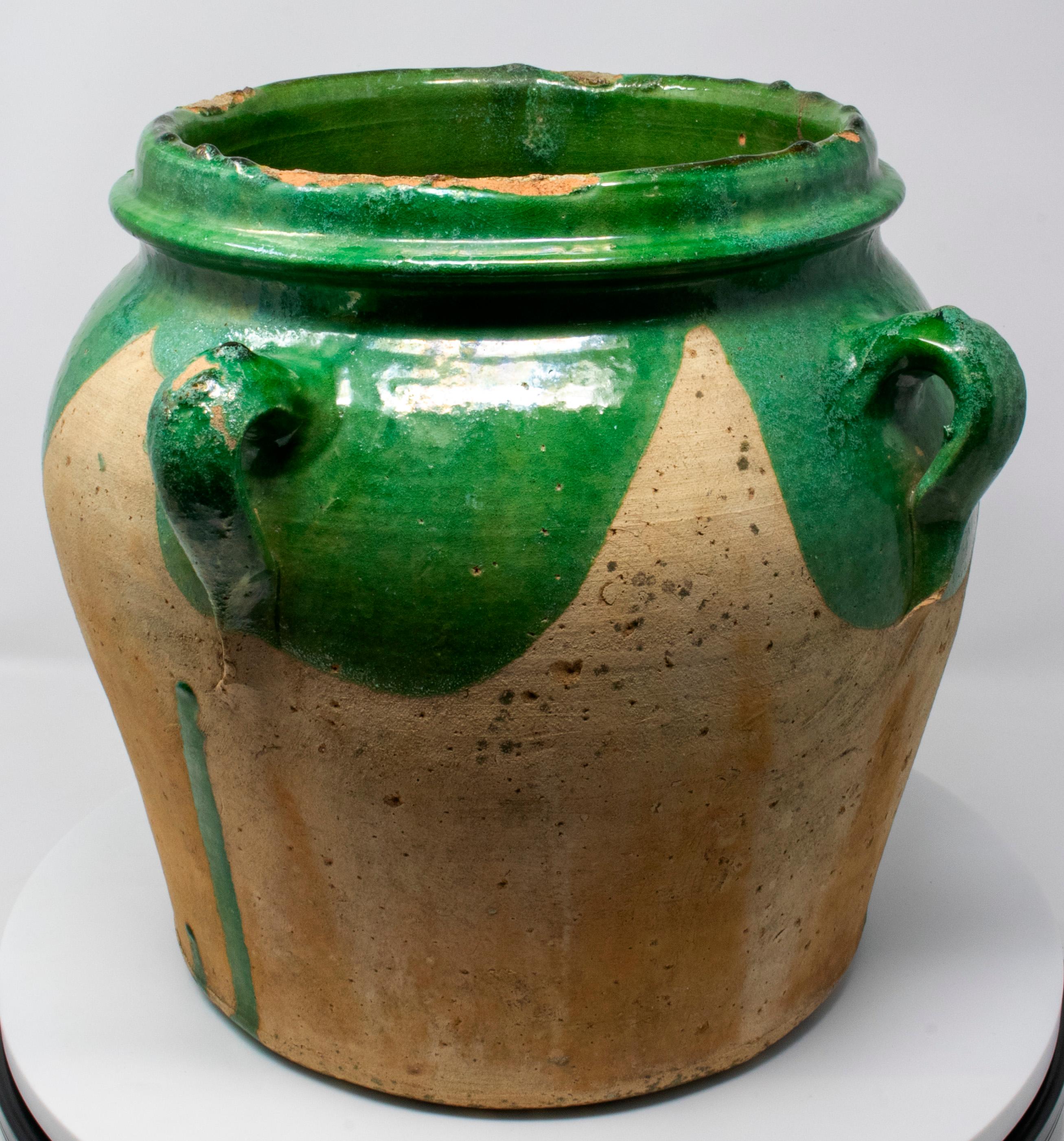 Ceramic 19th Century Spanish Green Glazed Vase with Four Handles