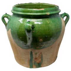 19th Century Spanish Green Glazed Vase with Four Handles