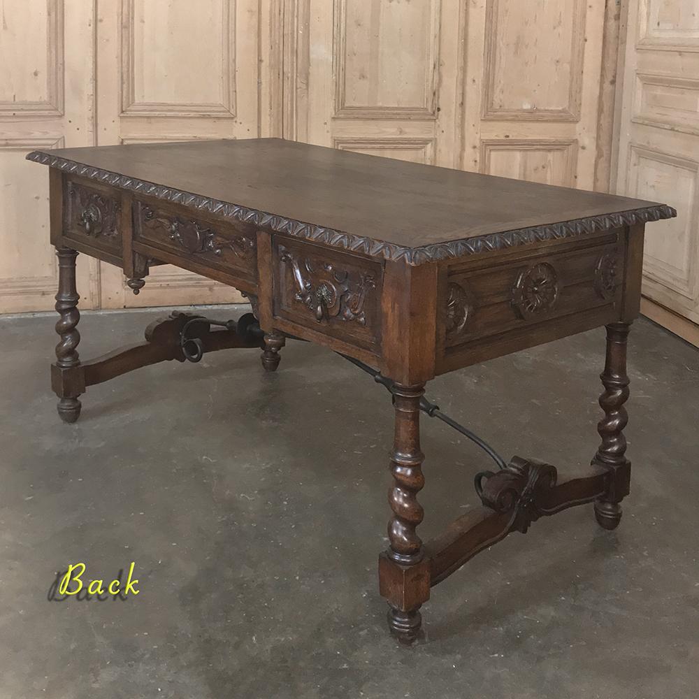 19th Century Spanish Hand Carved Oak Writing Desk with Wrought Iron 5