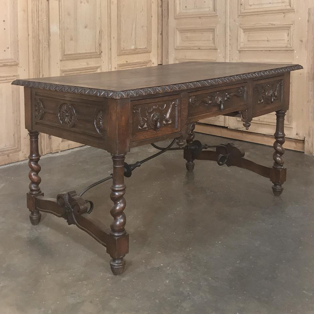 Hand-Carved 19th Century Spanish Hand Carved Oak Writing Desk with Wrought Iron