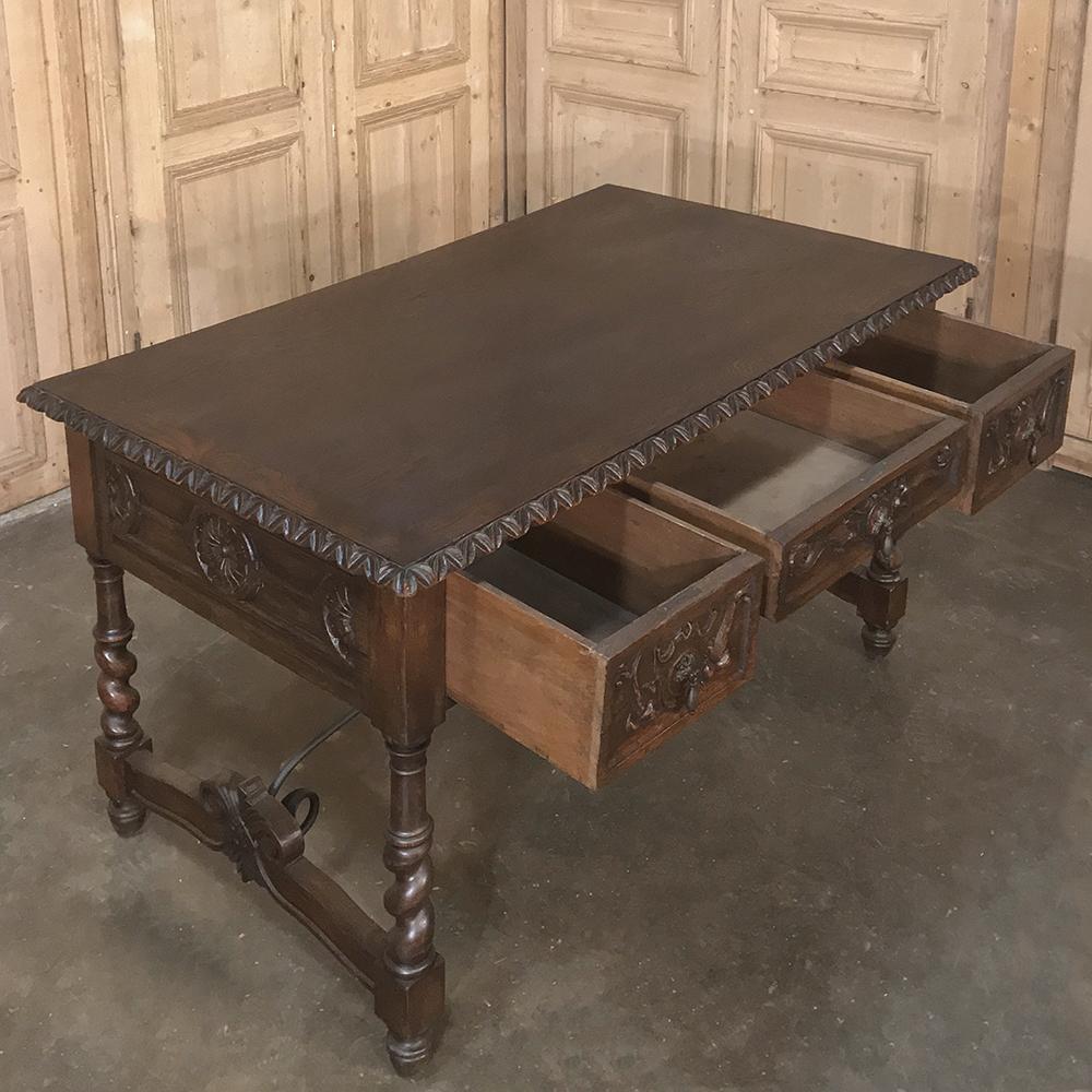 19th Century Spanish Hand Carved Oak Writing Desk with Wrought Iron In Good Condition In Dallas, TX