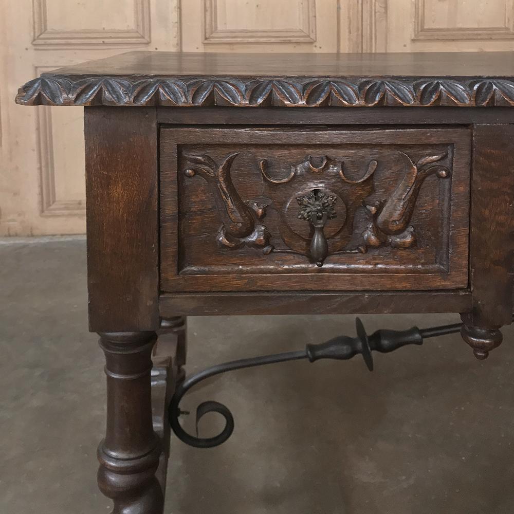 19th Century Spanish Hand Carved Oak Writing Desk with Wrought Iron 1