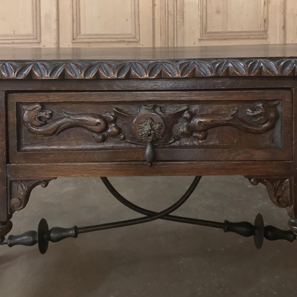 19th Century Spanish Hand Carved Oak Writing Desk with Wrought Iron 2