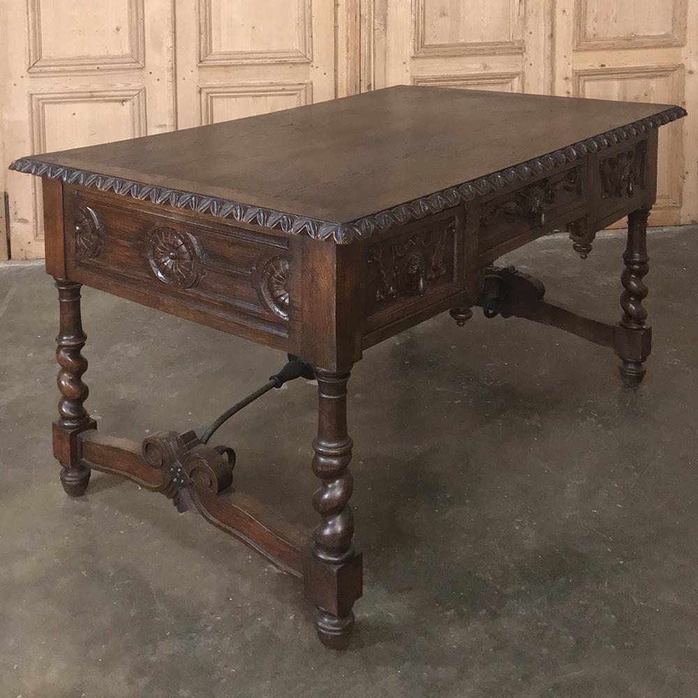 19th Century Spanish Hand Carved Oak Writing Desk with Wrought Iron 3