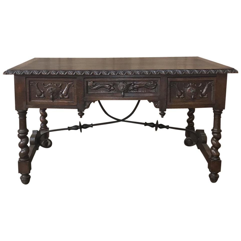 19th Century Spanish Hand Carved Oak Writing Desk with Wrought Iron