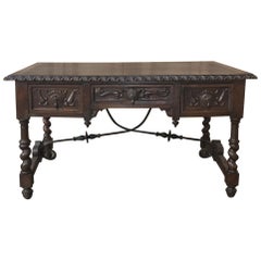 19th Century Spanish Hand Carved Oak Writing Desk with Wrought Iron