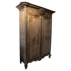 19th Century Spanish Hand Carved Solid Oak Wardrobe w/ Original Ironware