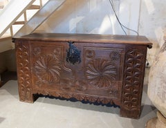 19th Century Spanish Hand Carved Wooden Box with Round Geometric Shapes