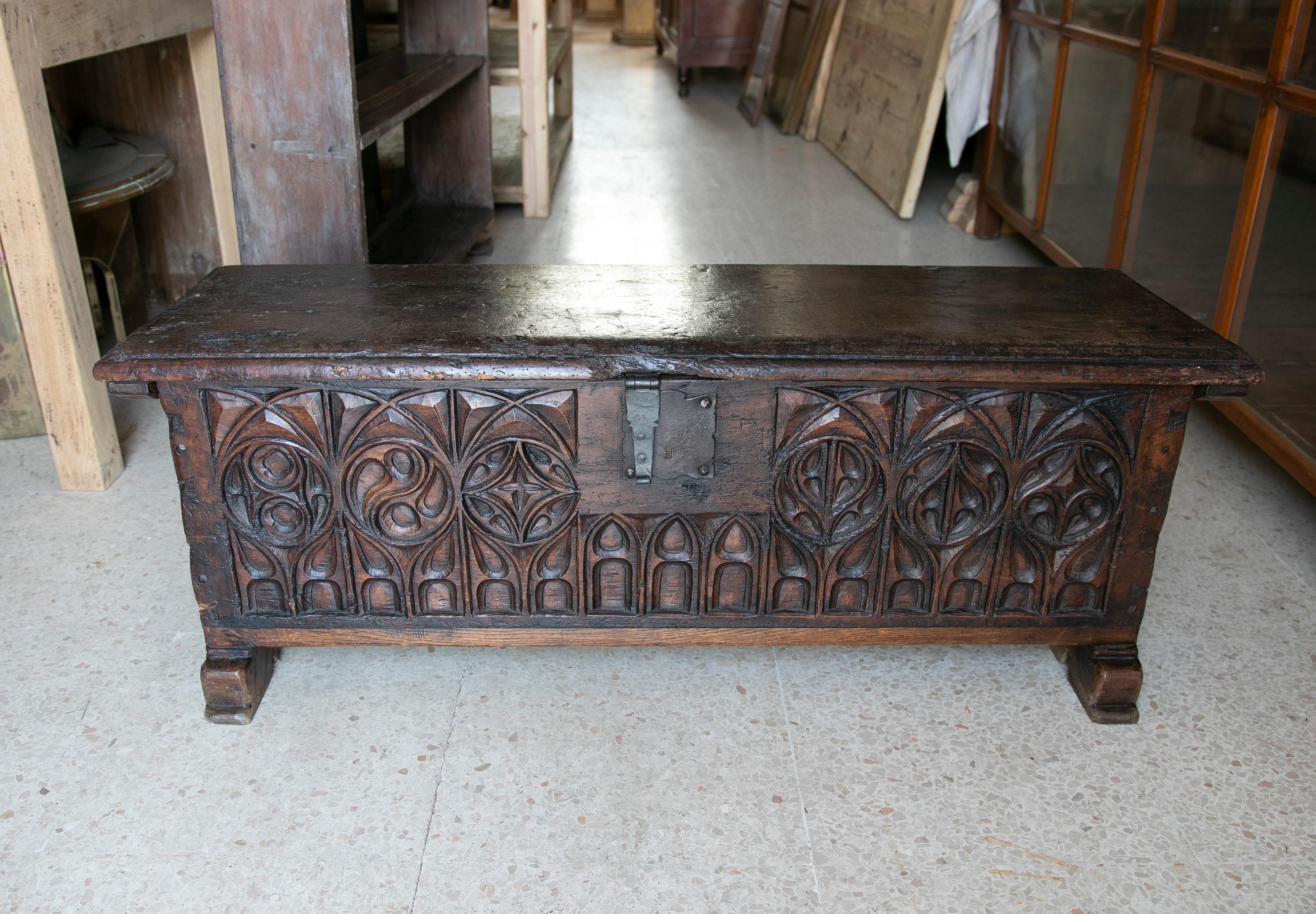 Iron 19th Century Spanish Hand Carved Wooden Chest in Neogothic Style