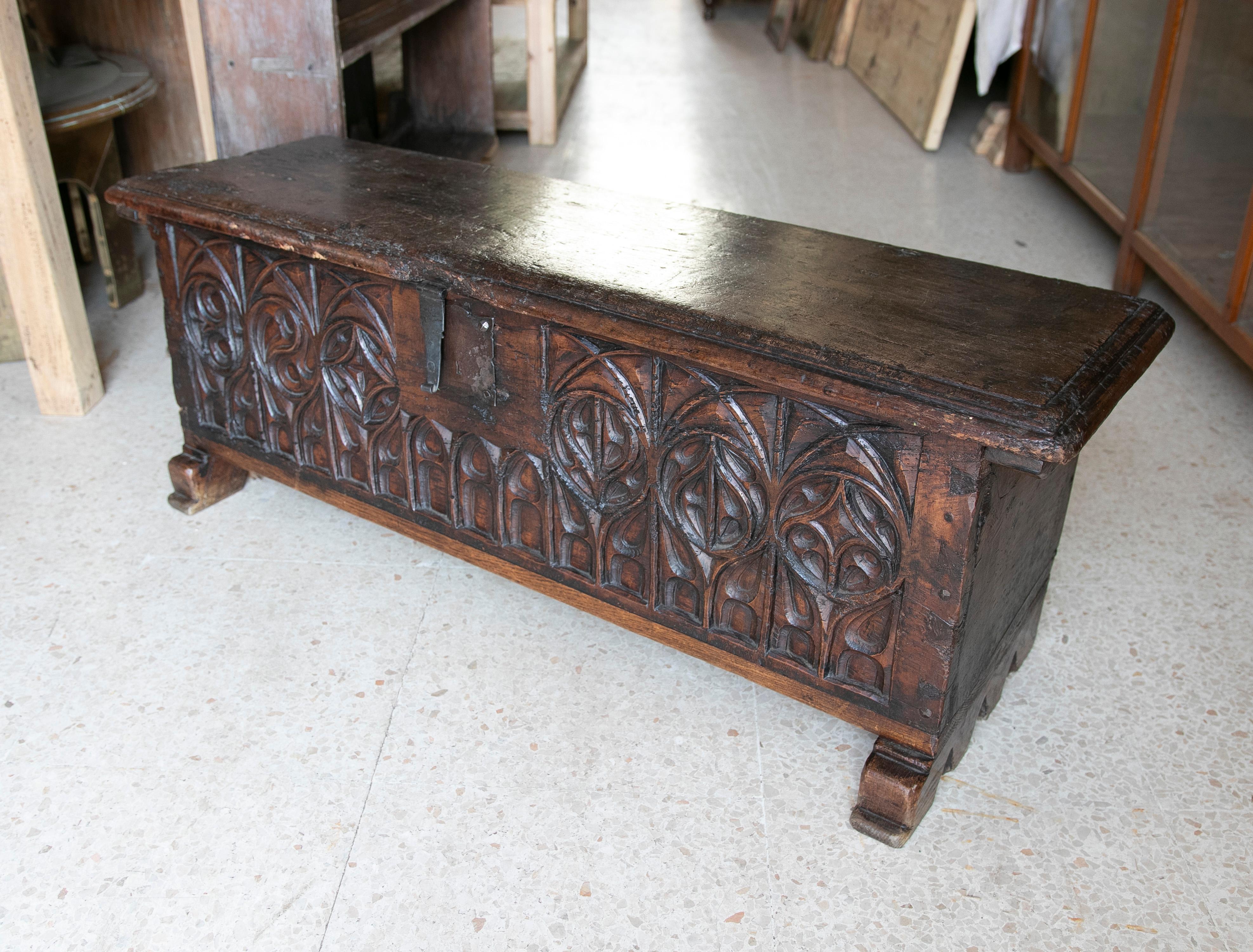 19th Century Spanish Hand Carved Wooden Chest in Neogothic Style 1