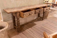 19th Century Spanish Hand-Carved Wooden Console with Drawers