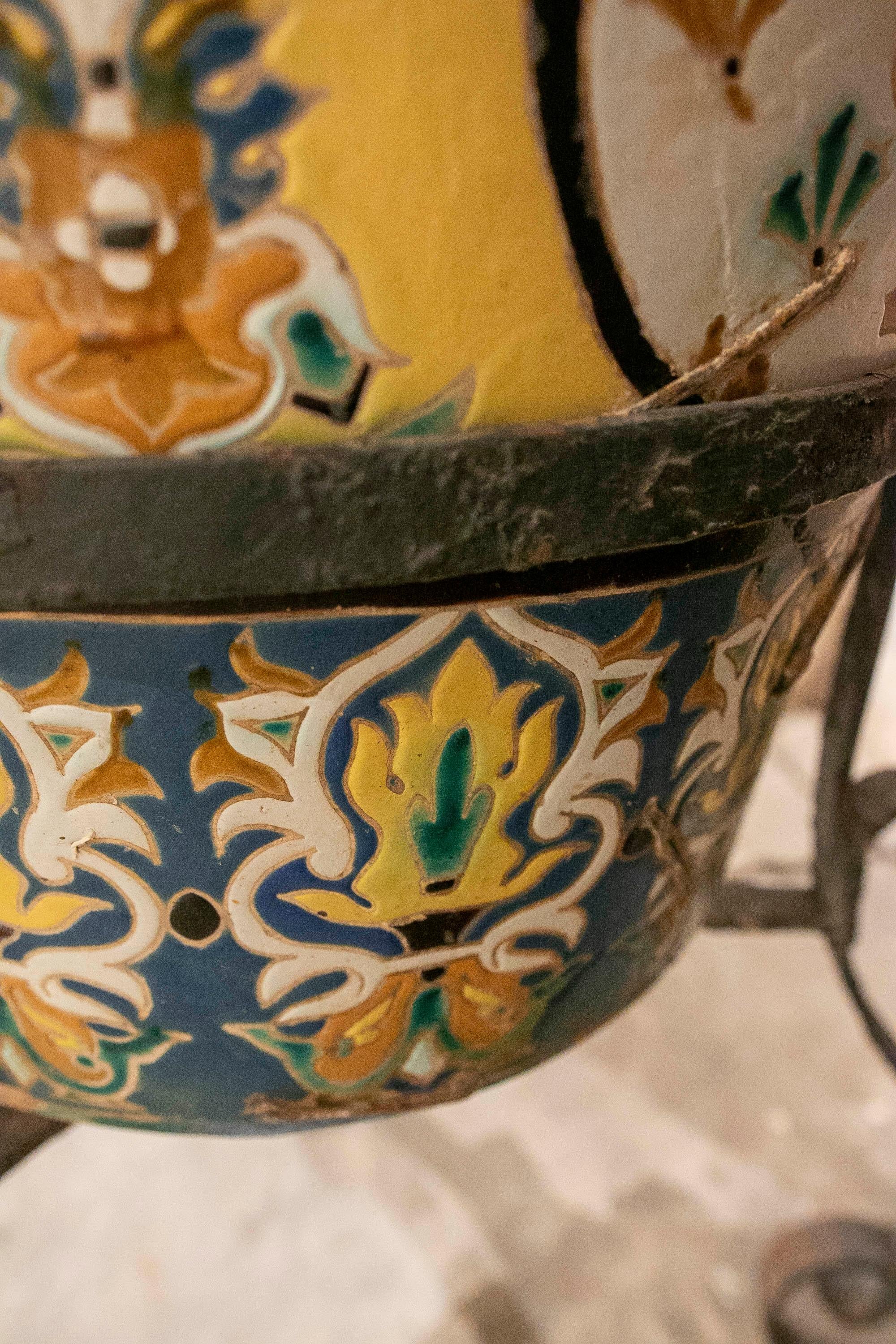 19th Century Spanish Hand-Painted Glazed Ceramic Flowerpot  9
