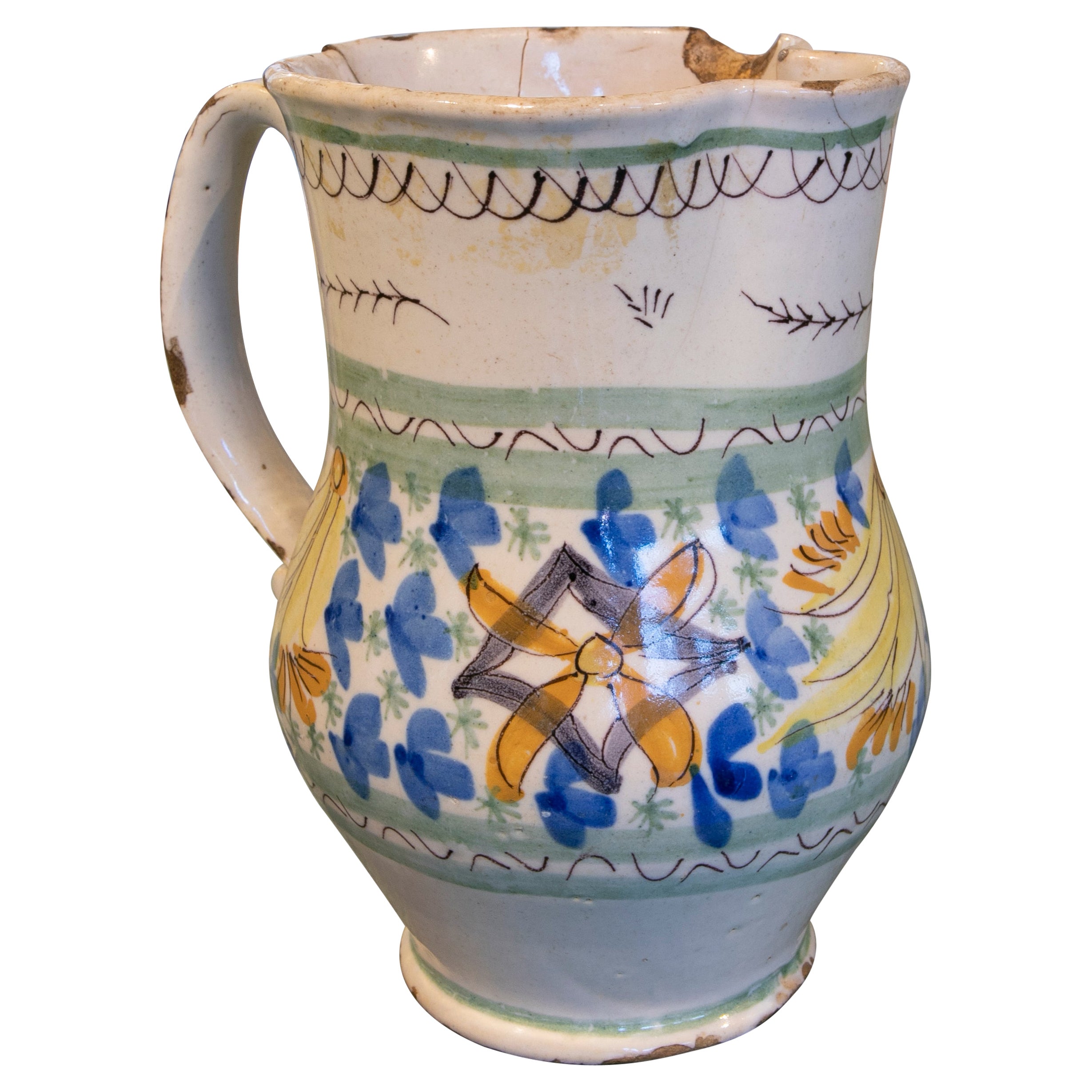 19th Century Spanish Hand Painted Glazed Ceramic Jug