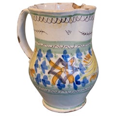 19th Century Spanish Hand Painted Glazed Ceramic Jug