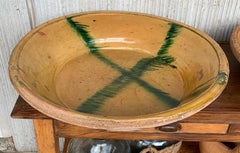 19th Century Spanish Hand Thrown and Glazed Green Stoneware Pottery Bowl