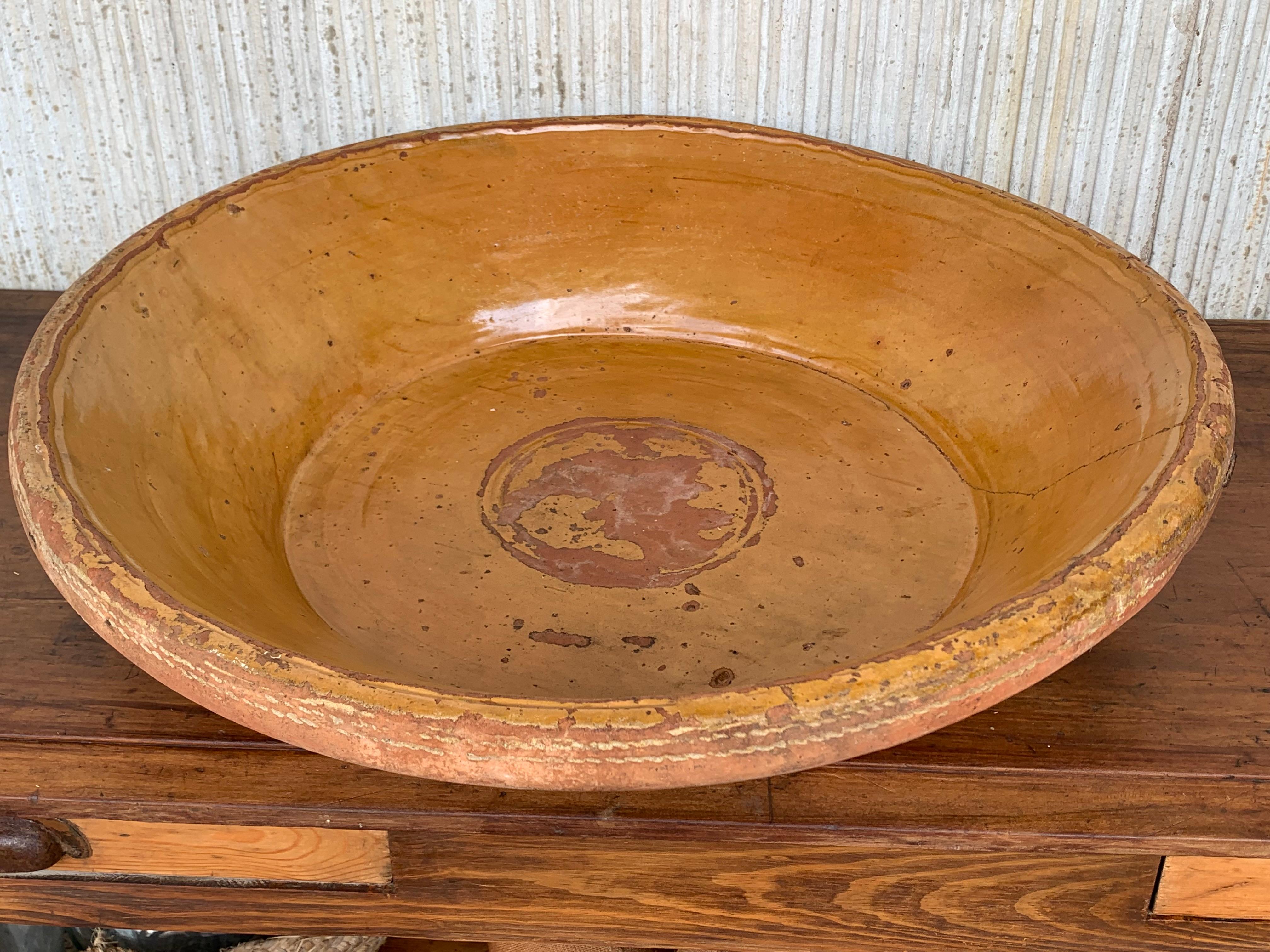 19th Century Spanish Hand Thrown and Glazed Mustard Brown Stoneware Pottery Bowl For Sale 1