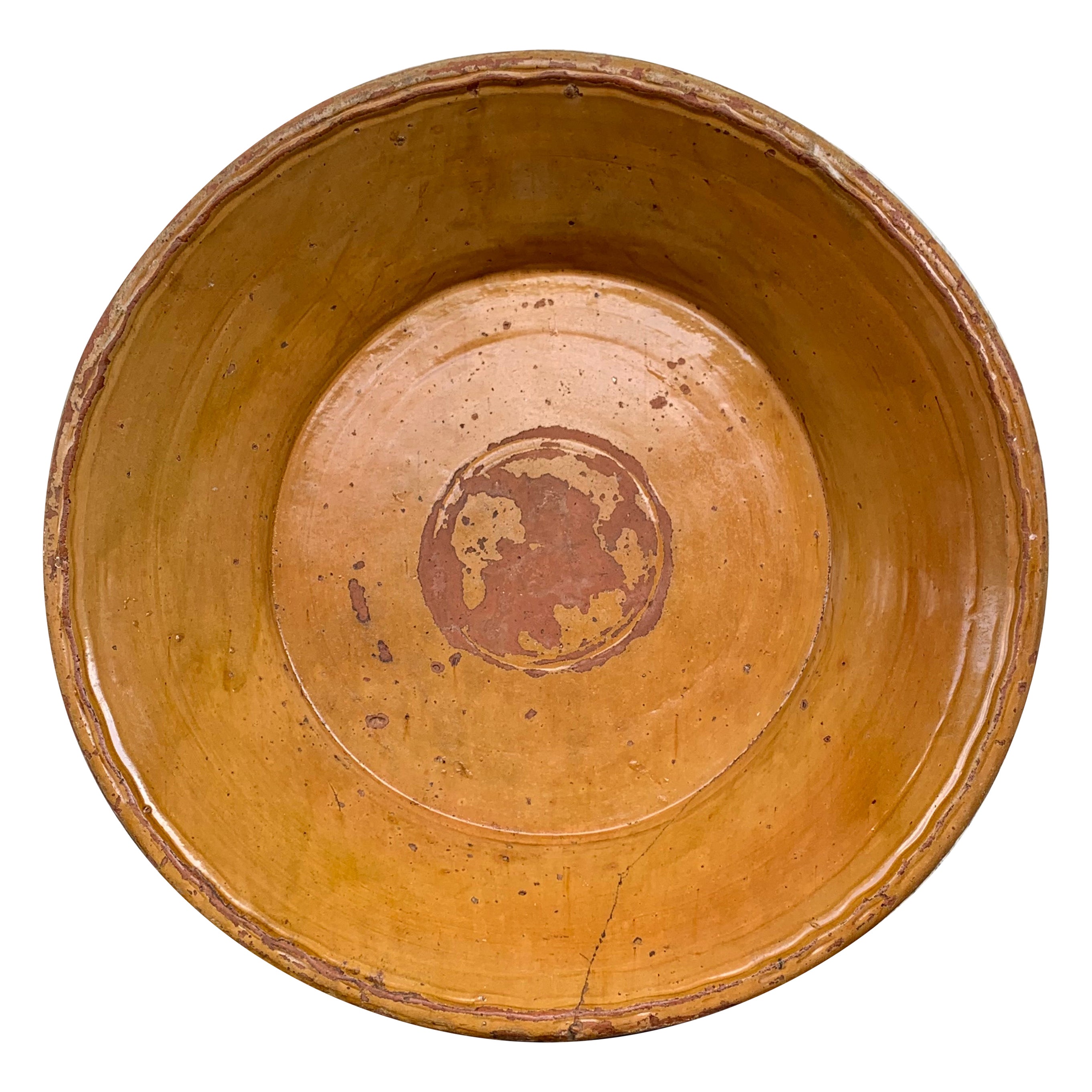 Bol en poterie espagnole du 19ème siècle en grès brun moutarde moulé et émaillé, moulé à la main en vente