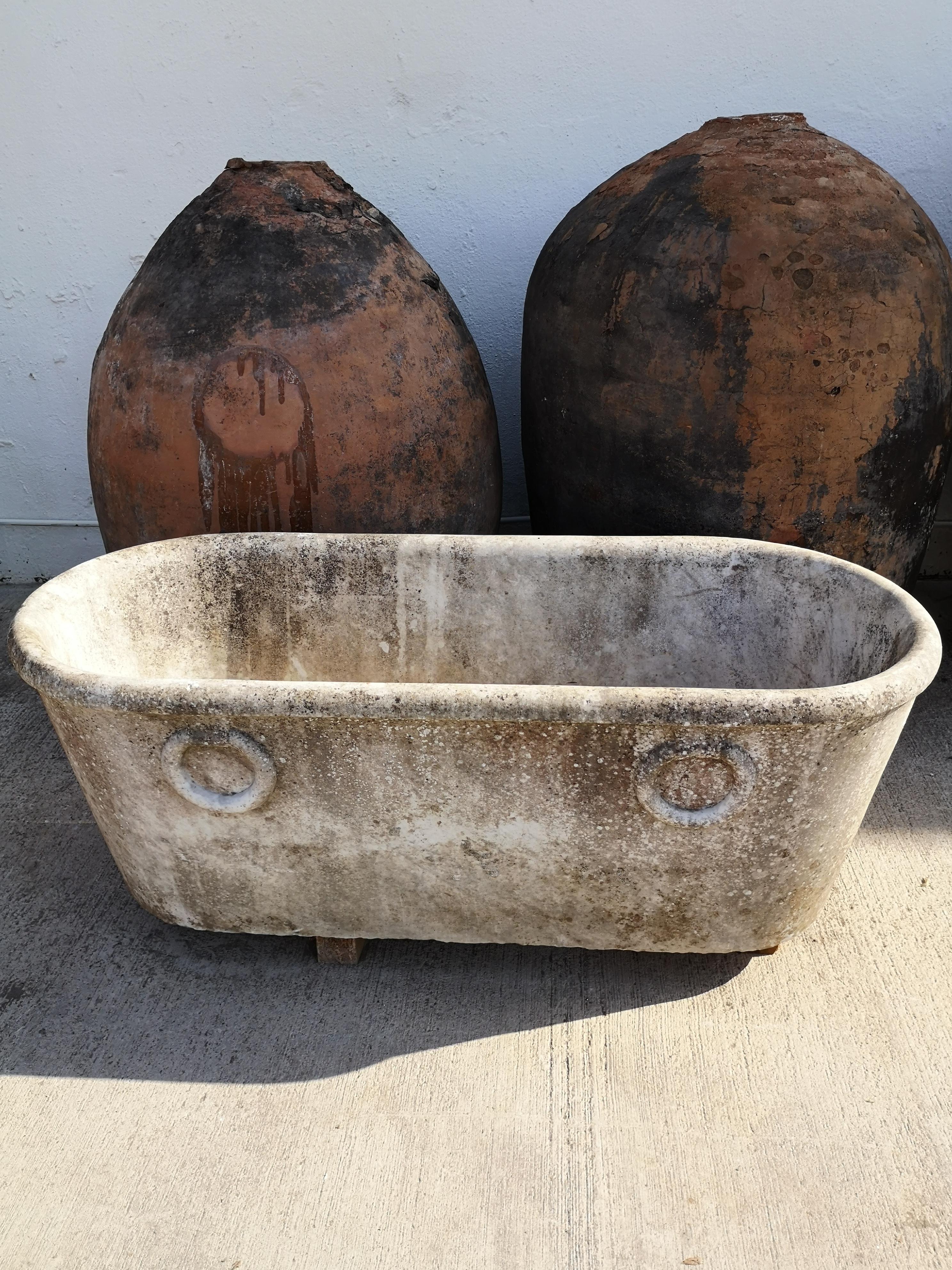 Hand-Carved 19th Century Spanish Handcarved Marble Bath w/ Rings