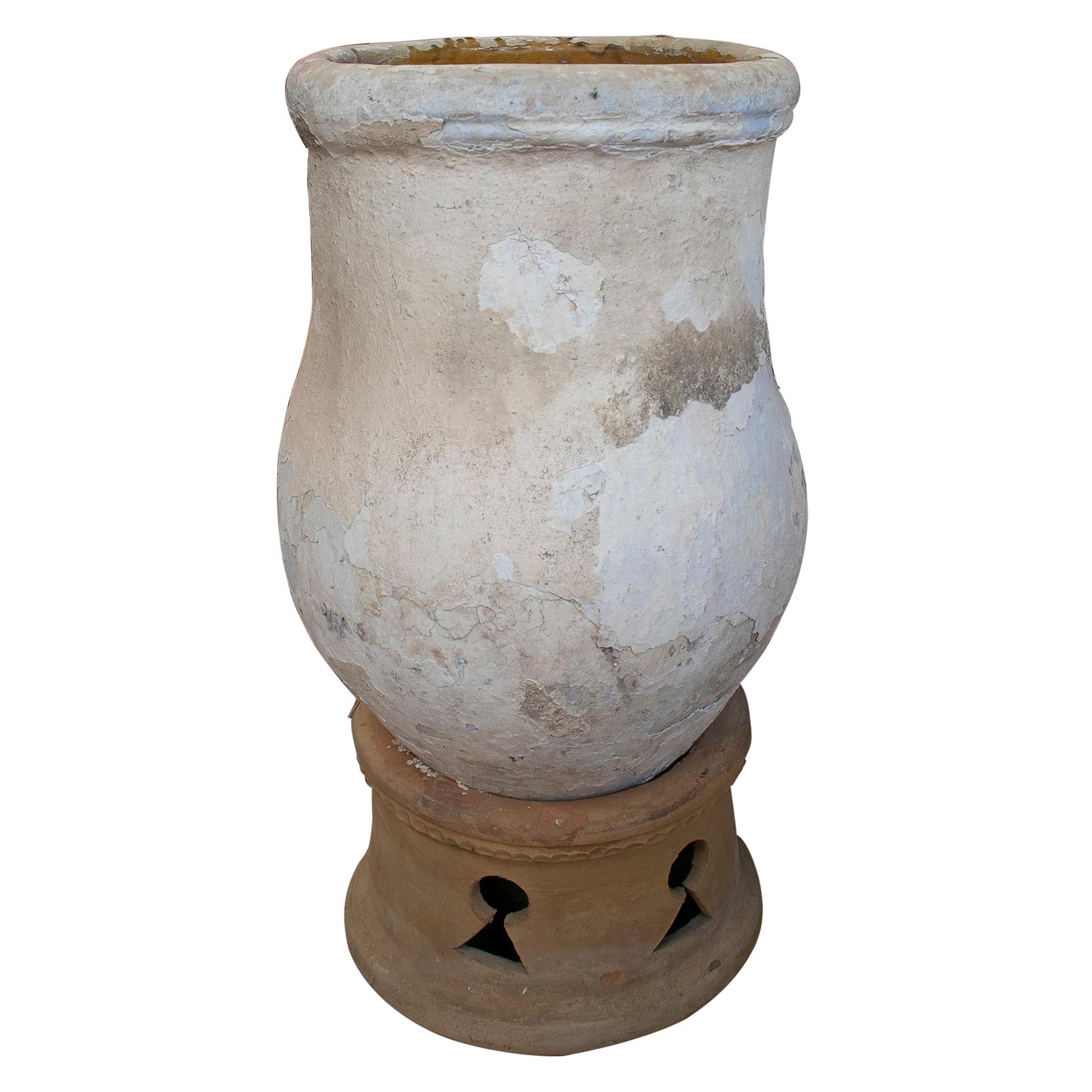 19th Century Spanish Handmade Large Whitewashed Terracotta Vase Jar