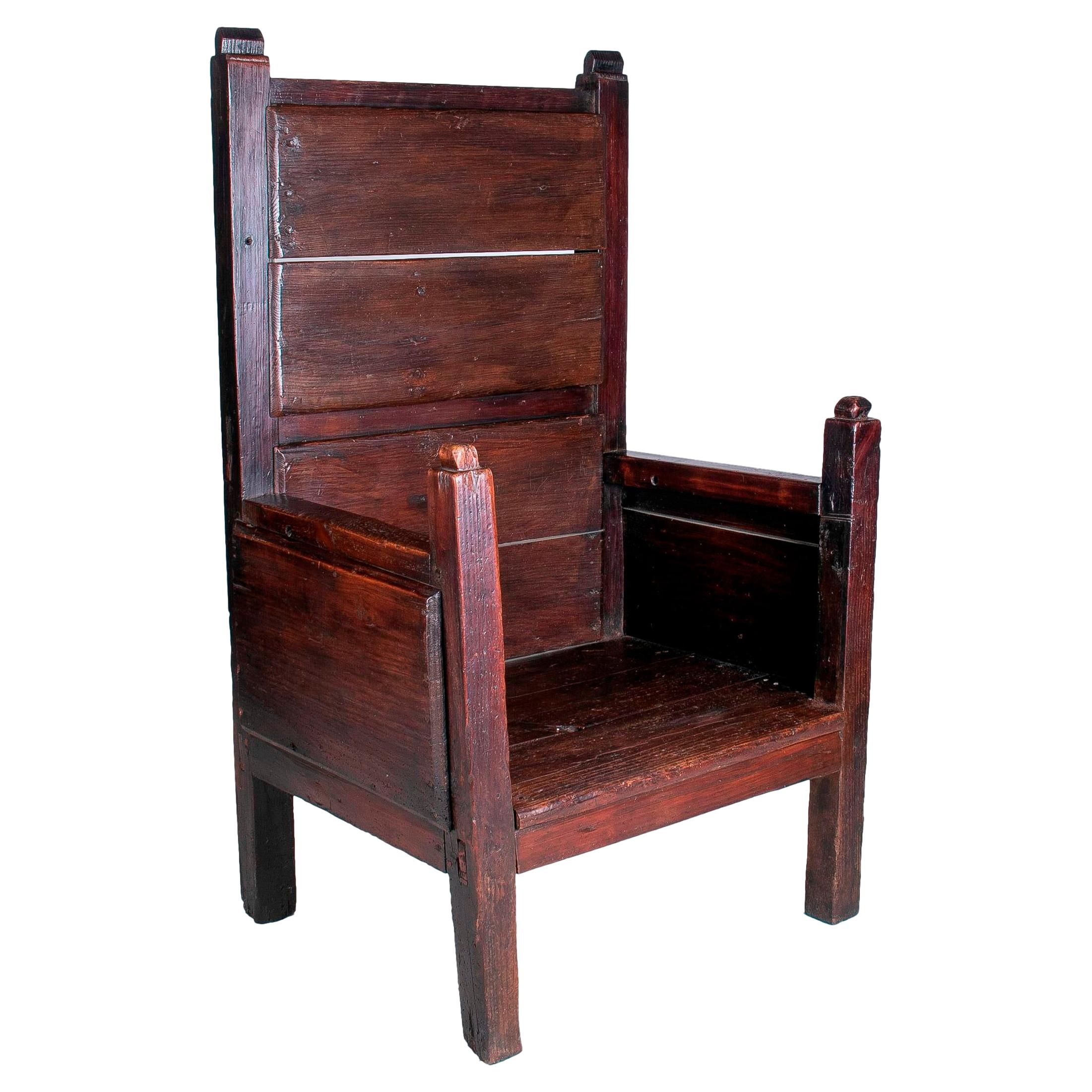 19th Century Spanish Handmade Wooden Sofa Chair w/ Tall Back