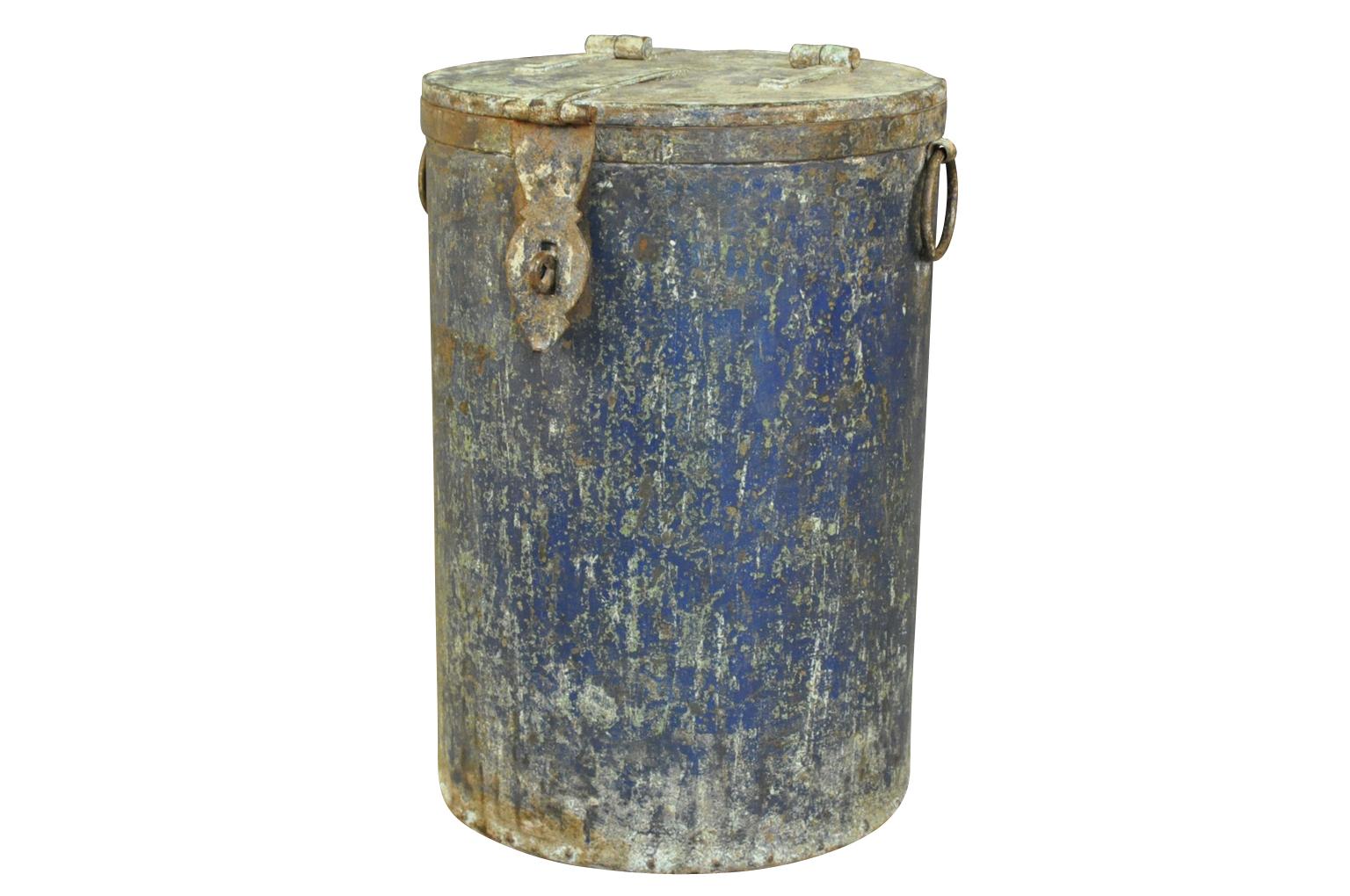 A very charming later 19th century Spanish lidded container in painted iron. A terrific accent piece.