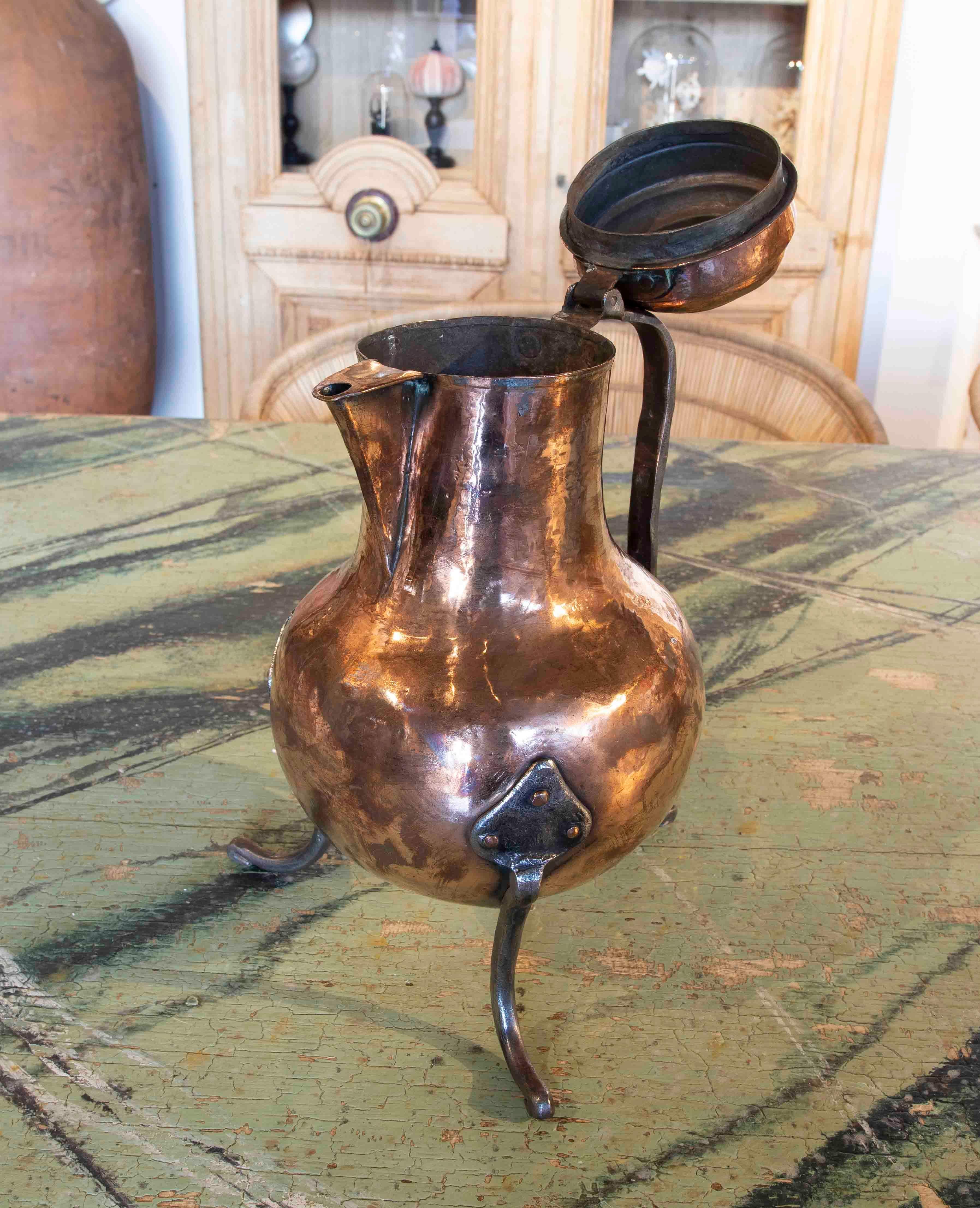 Copper 19th Century Spanish Jug with Lid and Handle with Flower Decoration on the Lid 