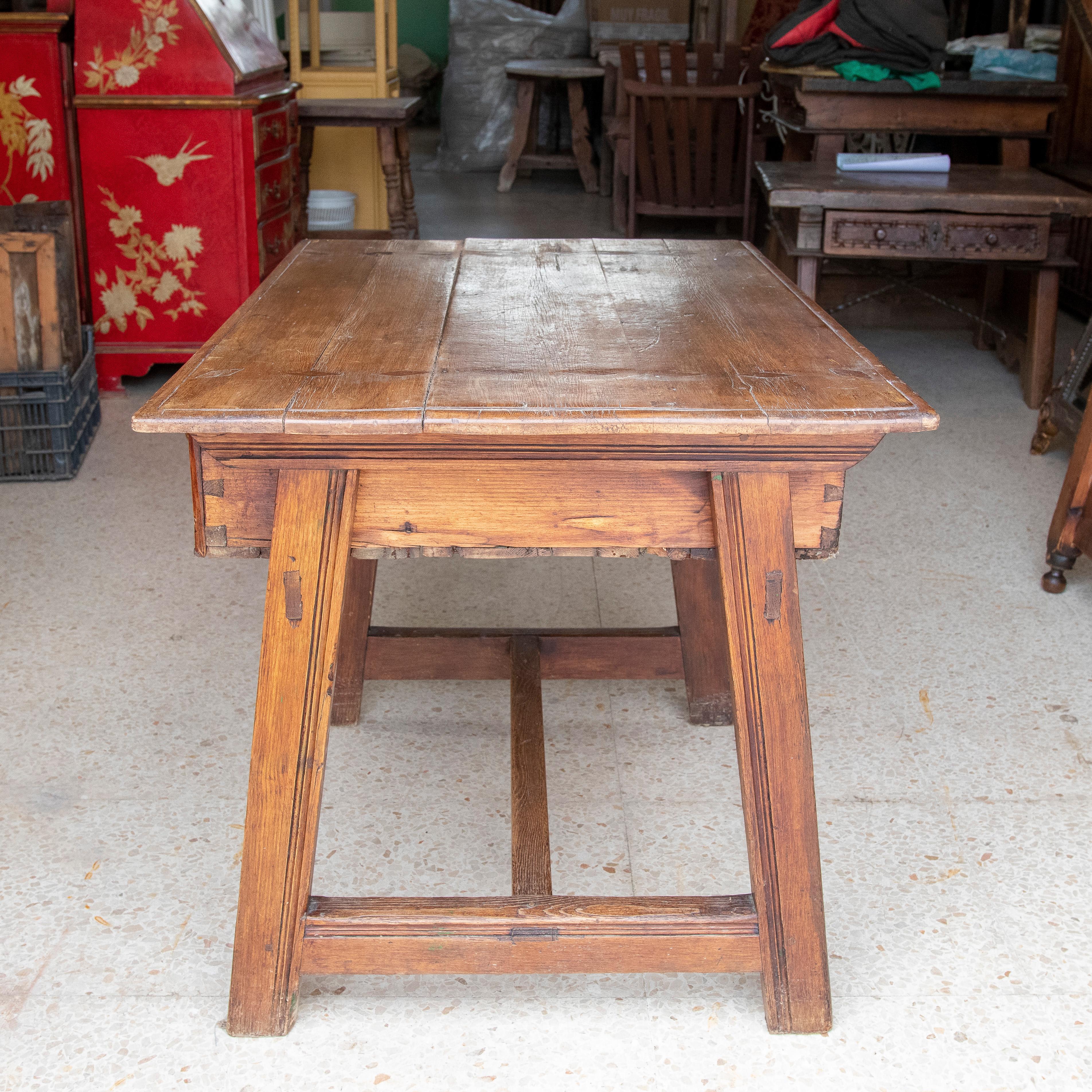 Wood 19th Century Spanish Kitchen Work Table with Drawer and Iron Decorations For Sale