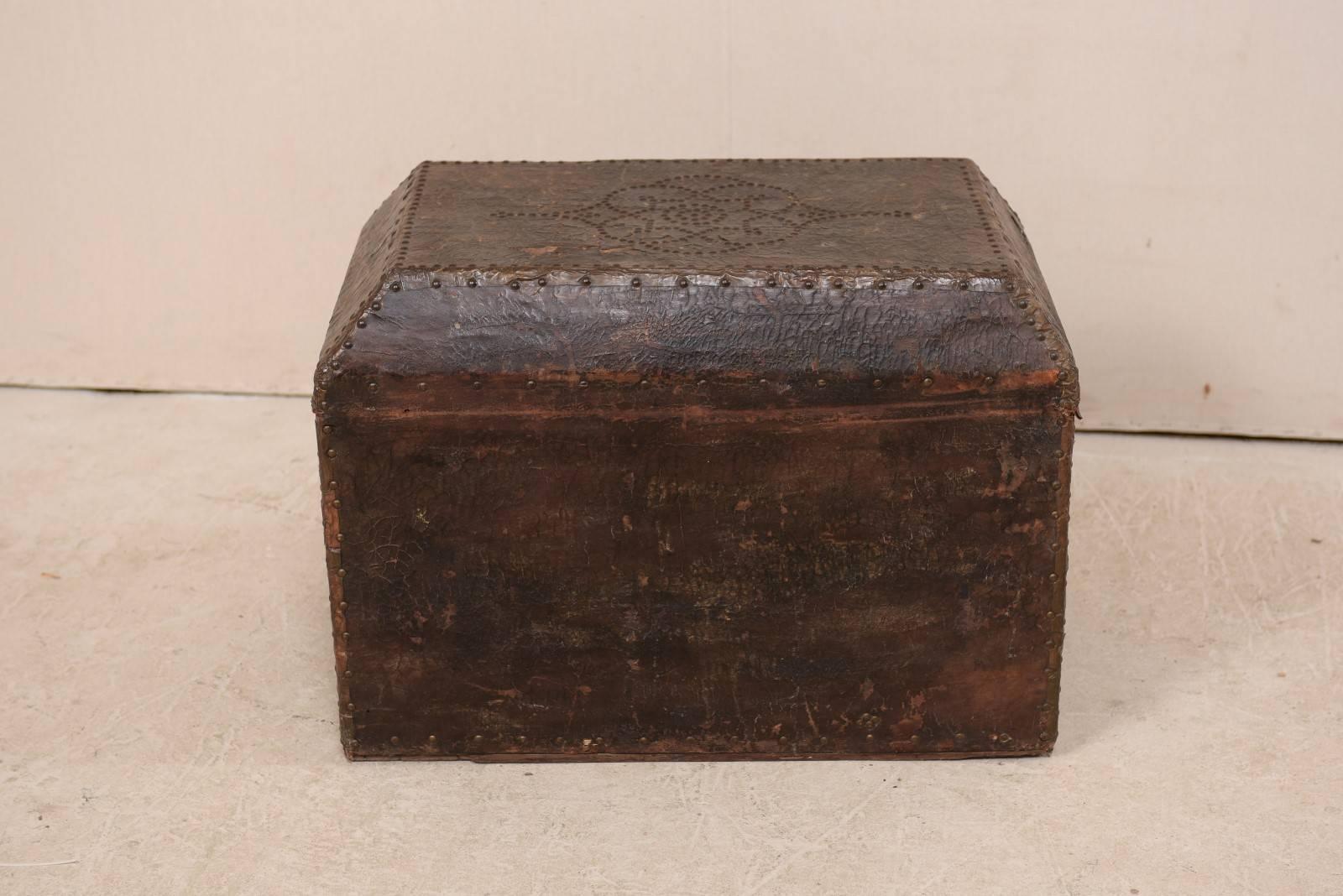 19th Century Spanish Leather Covered Trunk Ornately Decorated with Brass Studs 5