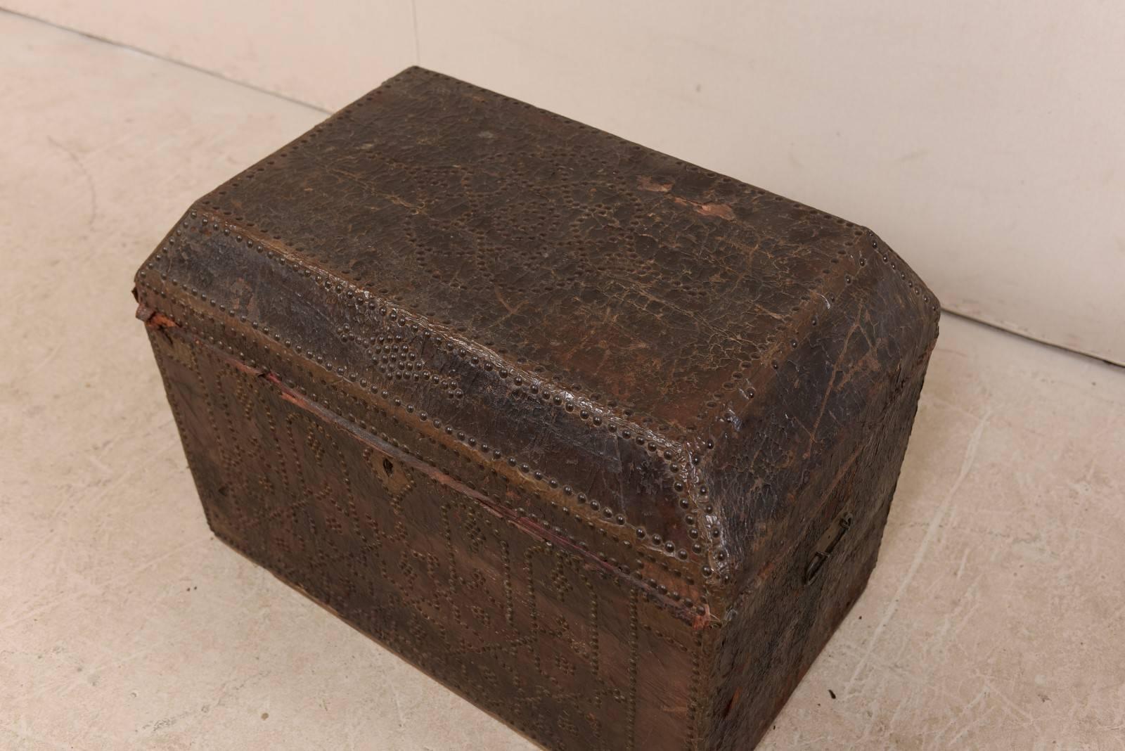 Spanish Colonial 19th Century Spanish Leather Covered Trunk Ornately Decorated with Brass Studs