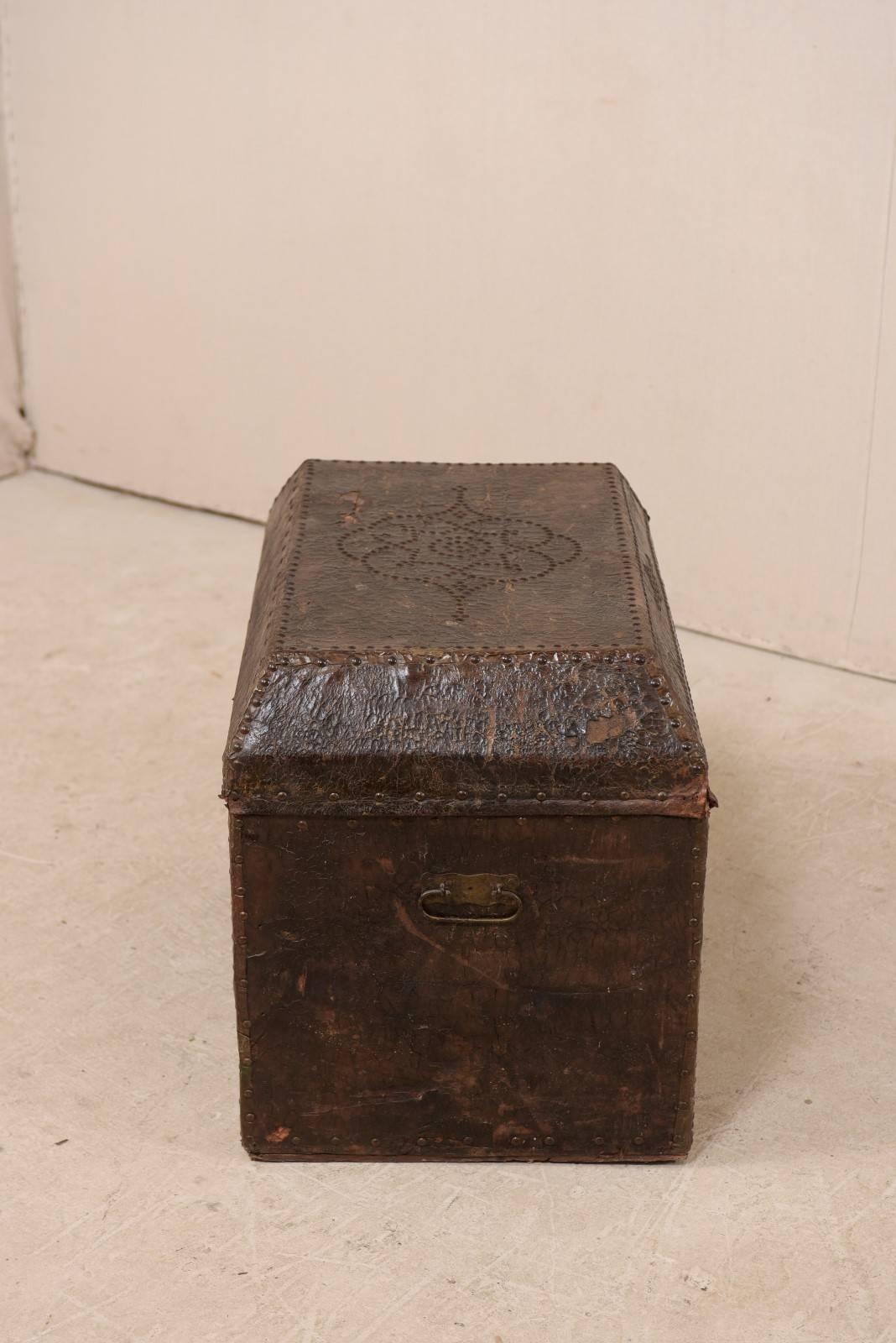 19th Century Spanish Leather Covered Trunk Ornately Decorated with Brass Studs In Good Condition In Atlanta, GA