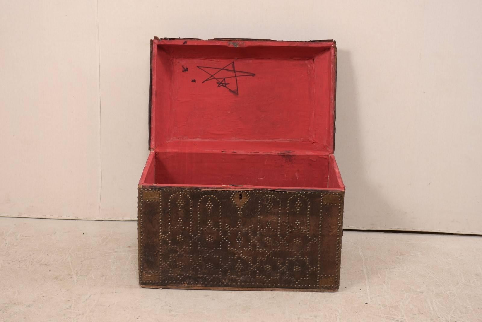 19th Century Spanish Leather Covered Trunk Ornately Decorated with Brass Studs 3