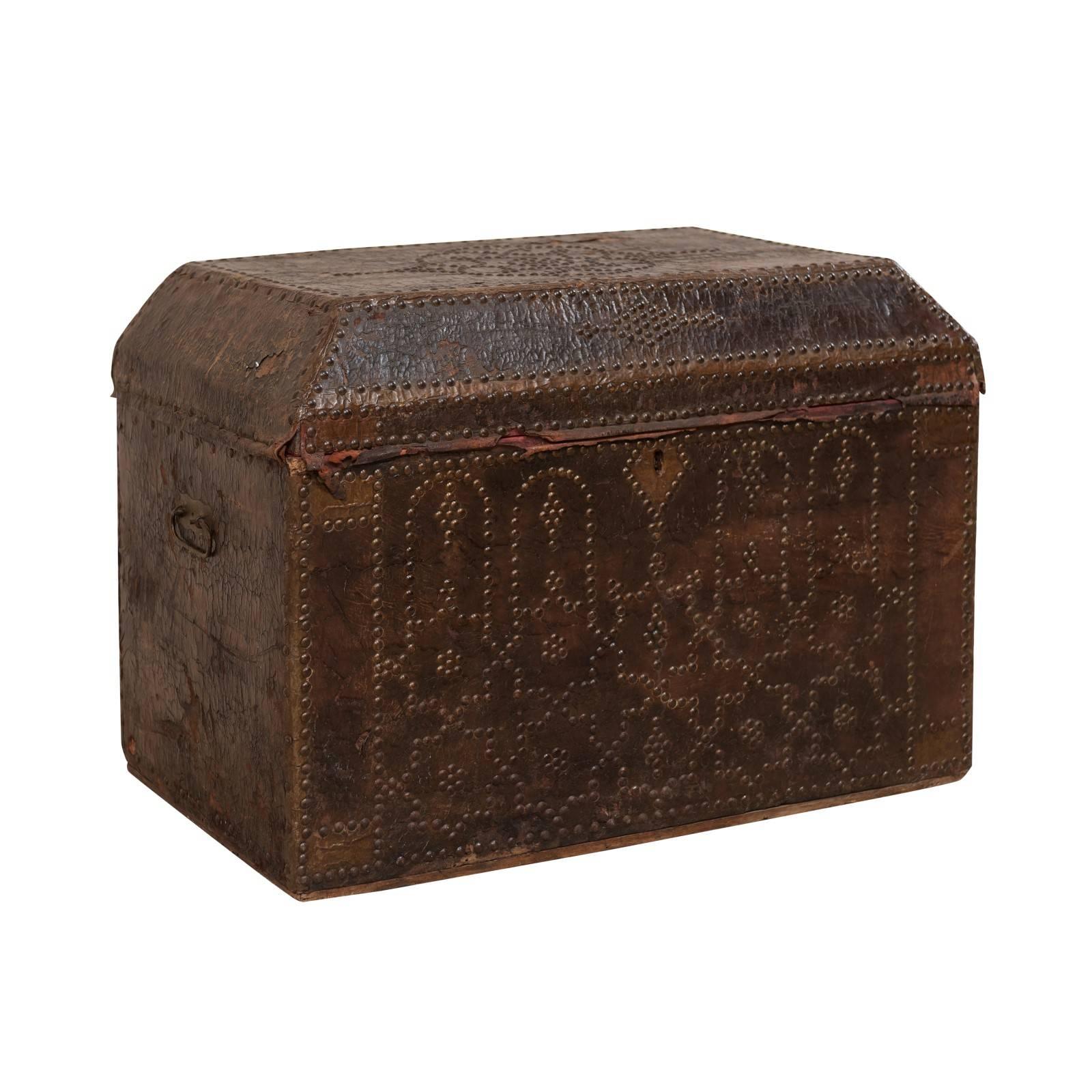 19th Century Spanish Leather Covered Trunk Ornately Decorated with Brass Studs
