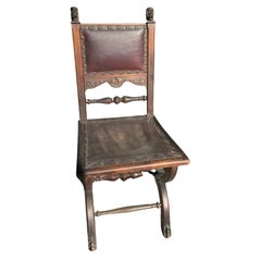Antique 19th Century Spanish Leather Oak Chair 